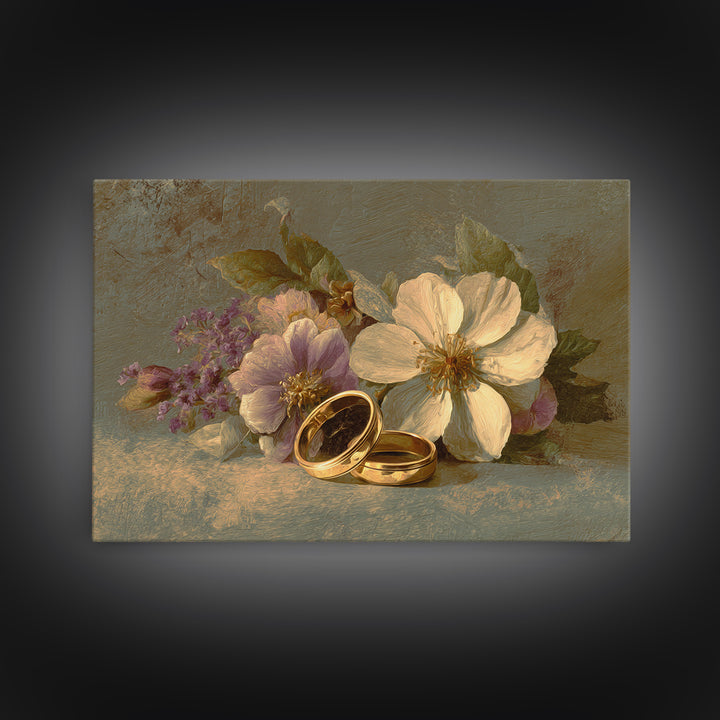 Gold Rings Resting on Velvet and Flowers Framed Canvas Print, Wedding Art, Wedding Guestbook, Living Room Decor, Romance, WED-3x2-31