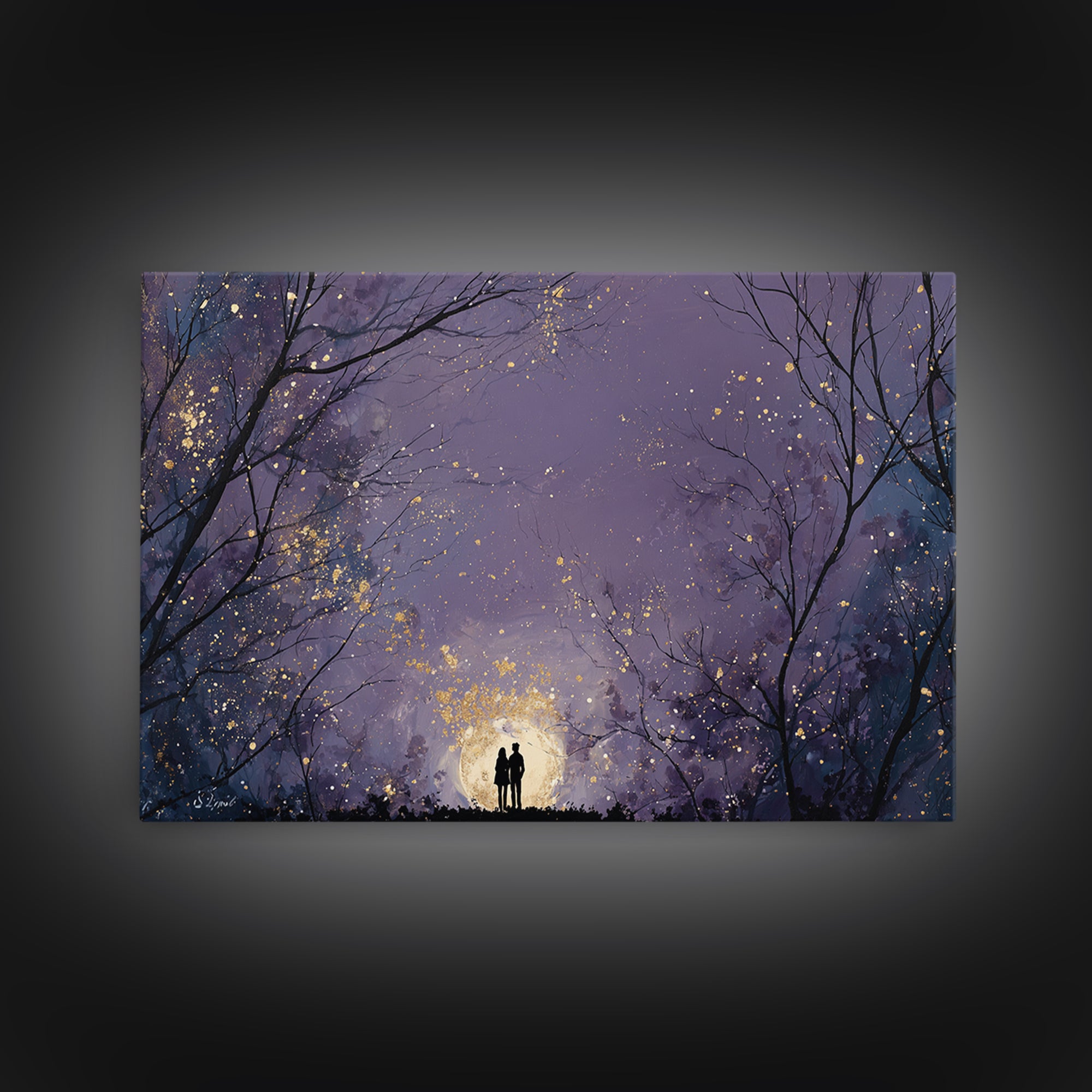 Couple Silhouette Beneath Moonlit Trees Canvas Print, Wedding Art, Custom Wedding Gift, Living Room Decor, Fine Art, Romance, WED-3x2-33