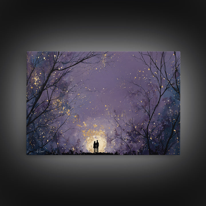 Couple Silhouette Beneath Moonlit Trees Canvas Print, Wedding Art, Custom Wedding Gift, Living Room Decor, Fine Art, Romance, WED-3x2-33