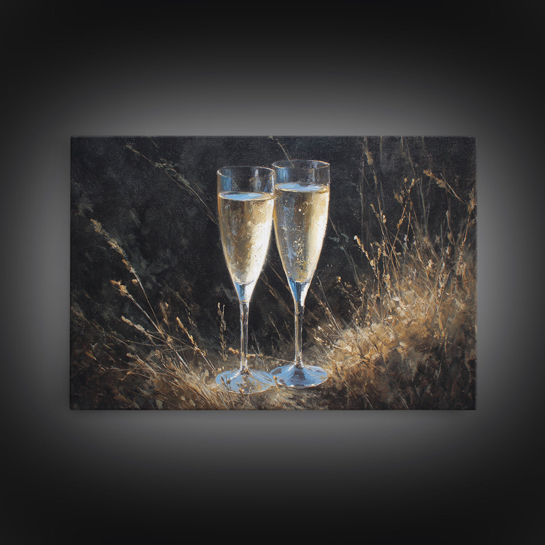 Champagne Glasses with Delicate Sparkle Canvas Print, Wedding Art, Custom Art, Living Room Decor, Watercolor Art, Romance, WED-3x2-34
