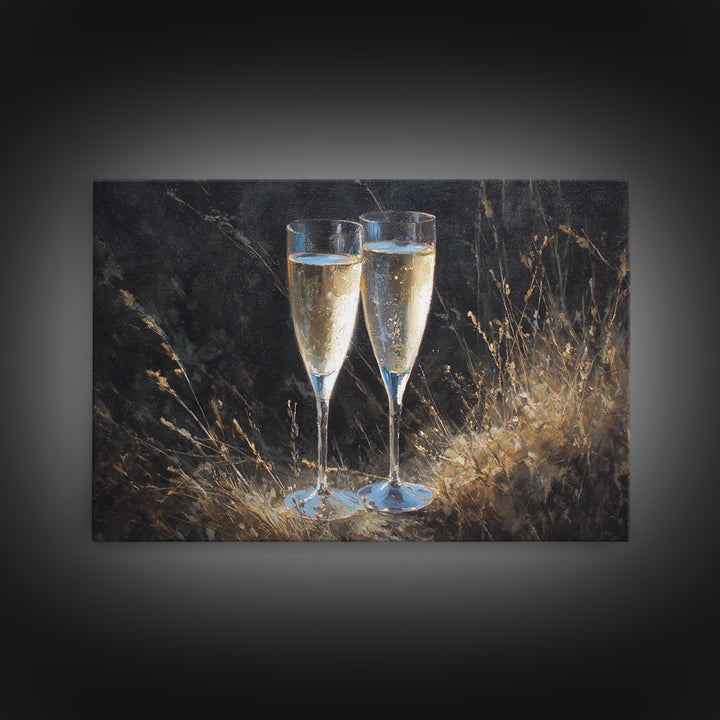 Champagne Glasses with Delicate Sparkle Canvas Print, Wedding Art, Custom Art, Living Room Decor, Watercolor Art, Romance, WED-3x2-34