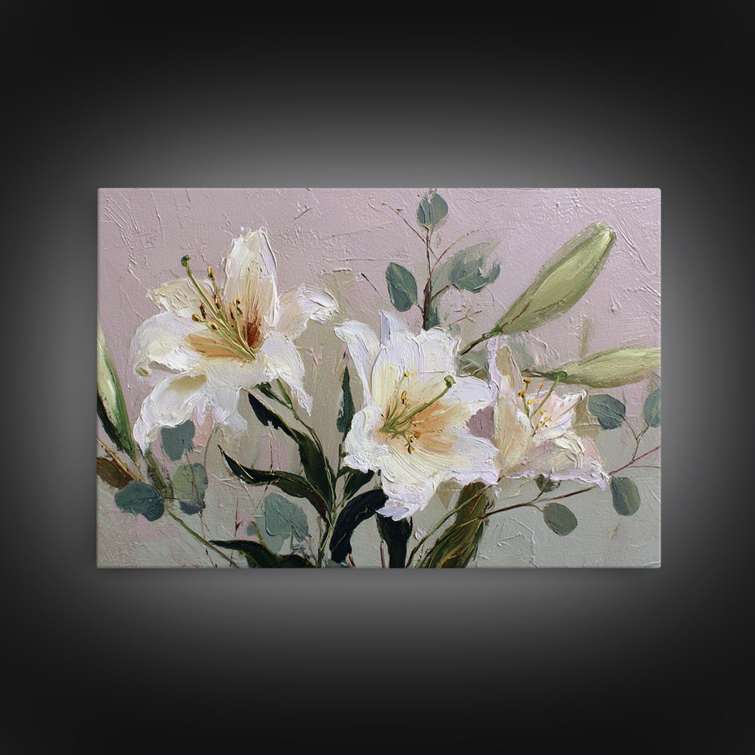 White Lilies and Eucalyptus Arrangement Canvas Print, Wedding Art, Wedding Guestbook, Living Room Decor, Oil Painting, Romance, WED-3x2-37