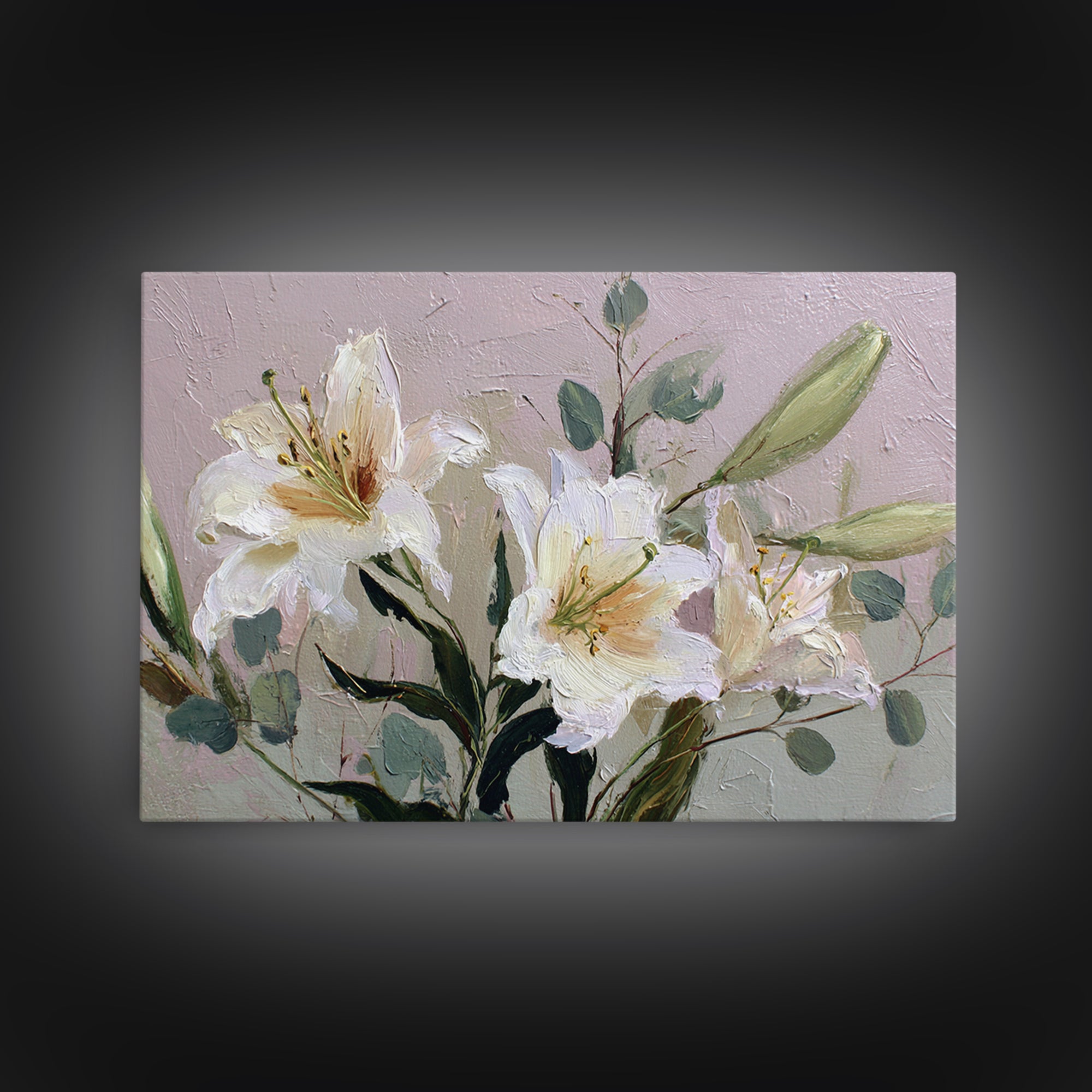 White Lilies and Eucalyptus Arrangement Canvas Print, Wedding Art, Wedding Guestbook, Living Room Decor, Oil Painting, Romance, WED-3x2-37
