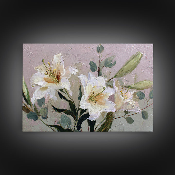 White Lilies and Eucalyptus Arrangement Canvas Print, Wedding Art, Wedding Guestbook, Living Room Decor, Oil Painting, Romance, WED-3x2-37
