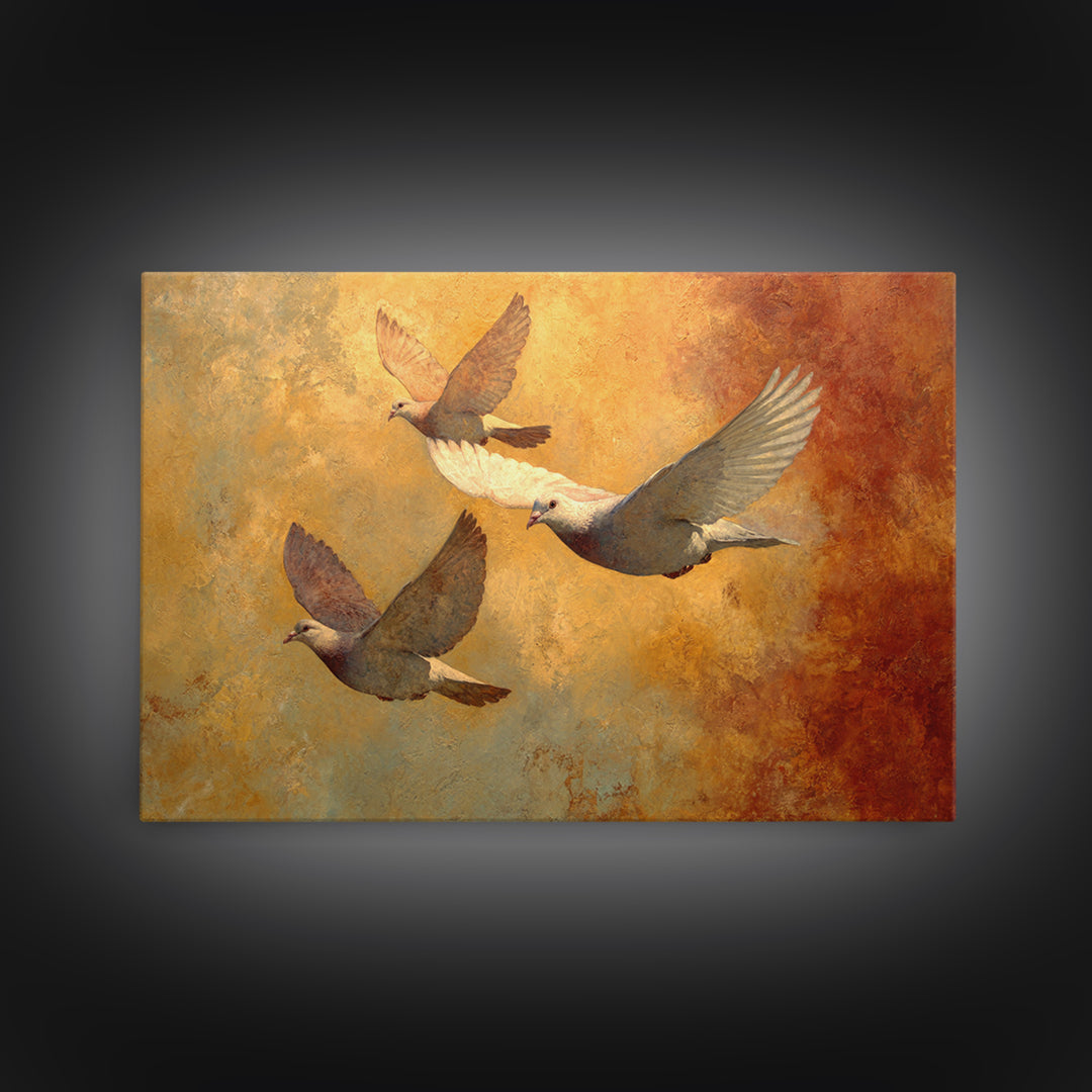 Doves Flying Through Soft Golden Light Framed Canvas Print, Wedding Art, Bride and Groom, Living Room Decor, Fine Art, Romance, WED-3x2-39