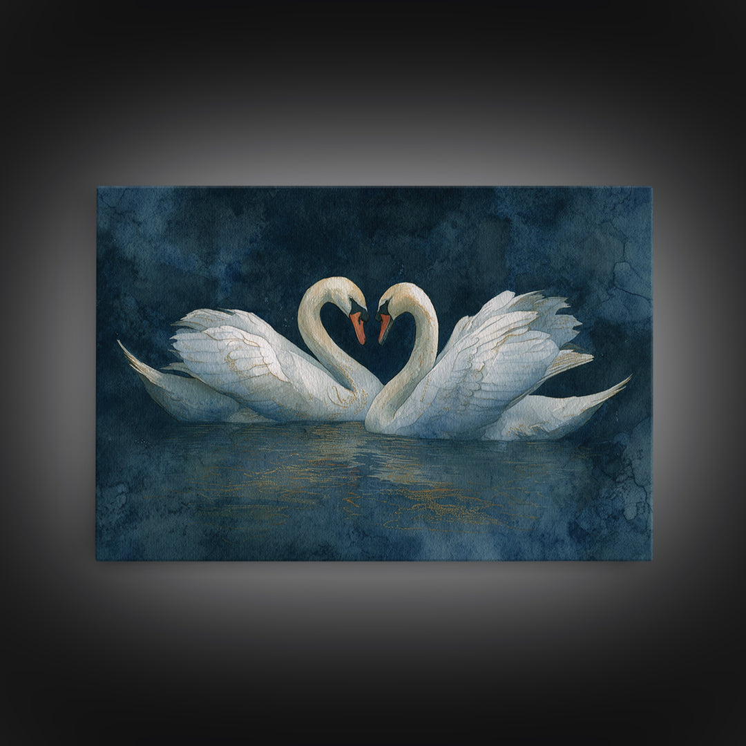Two Swans Forming a Heart on Dark Framed Canvas Print, Wedding Art, Art Print, Living Room Decor, Romance, Downloadable Art, WED-3x2-6