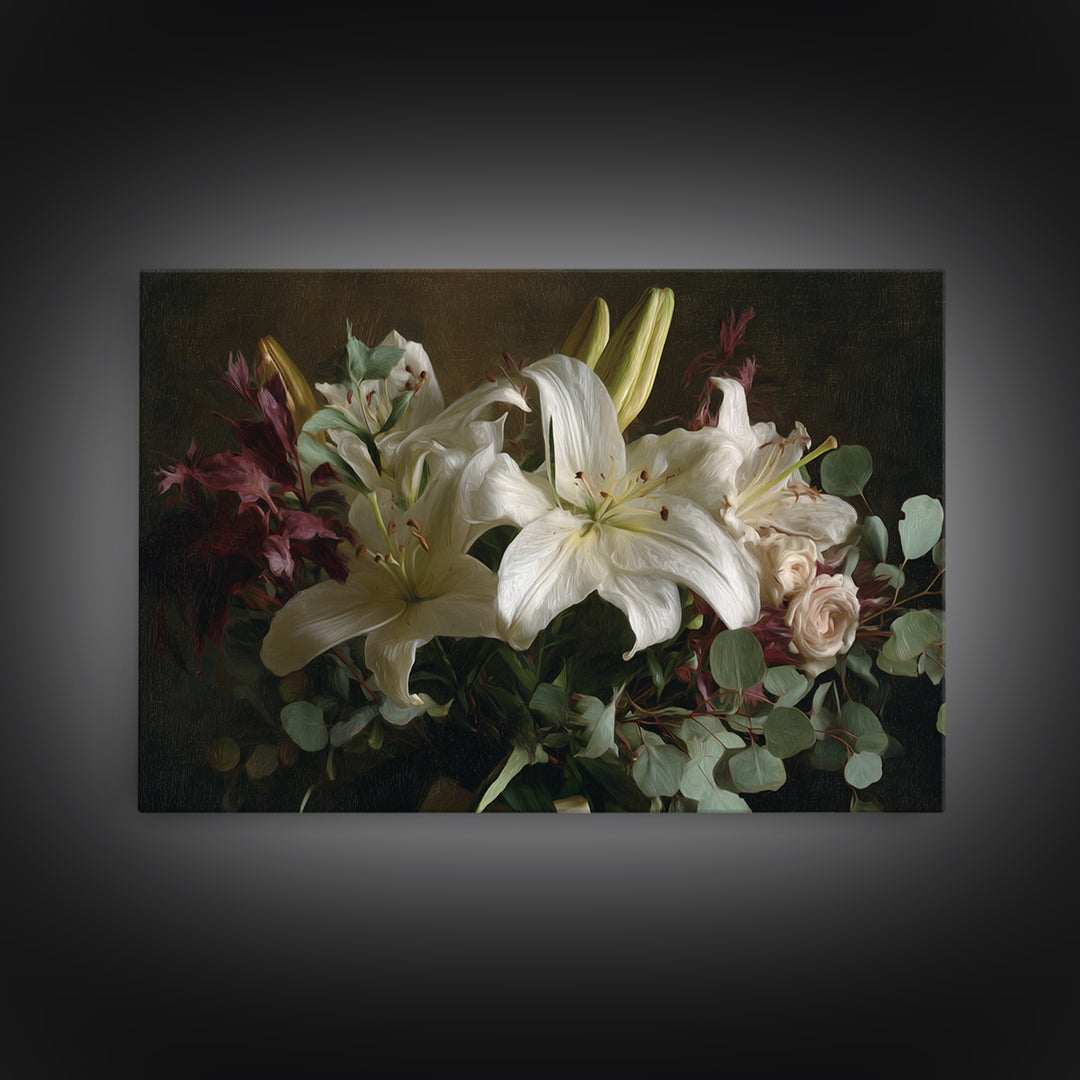 White Lilies and Eucalyptus Arrangement Canvas Print, Wedding Art, Wedding Guestbook, Living Room Decor, Oil Painting, Romance, WED-3x2-61