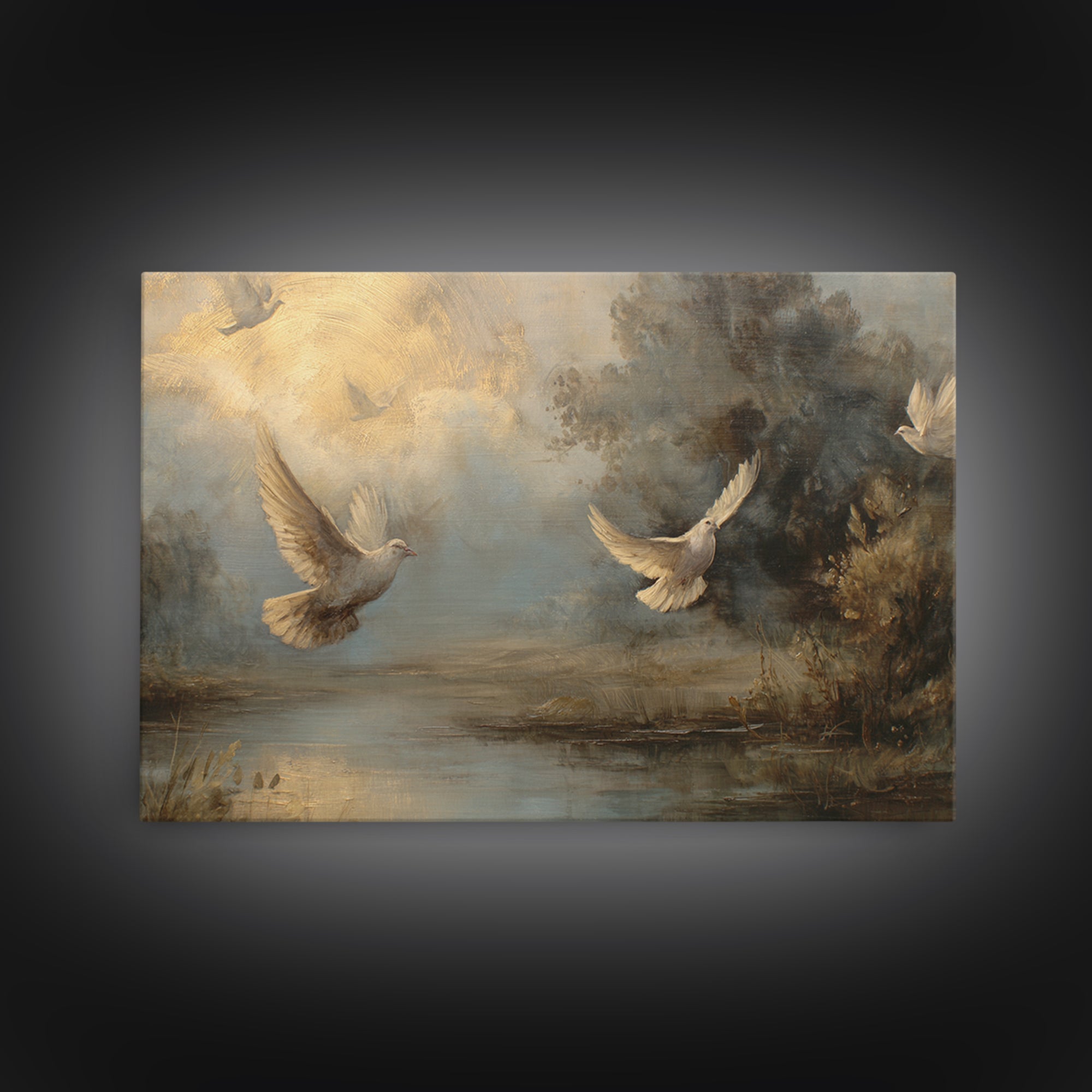 Doves Flying Through Soft Golden Light Framed Canvas Print, Wedding Art, Contemporary Art, Living Room Decor, Fine Art, Romance, WED-3x2-63