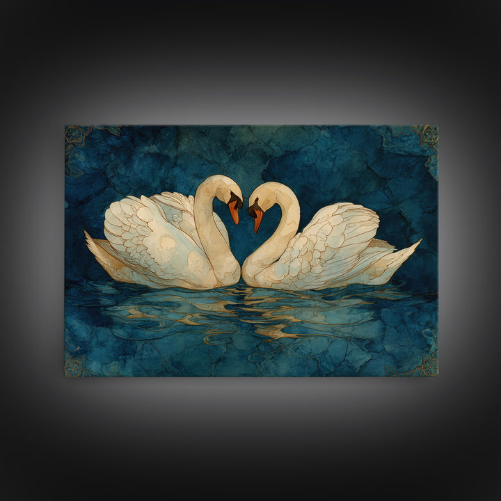 Two Swans Forming a Heart on Dark Framed Canvas Print, Wedding Art, Wedding Decoration, Living Room Decor, Fine Art, Romance, WED-3x2-78