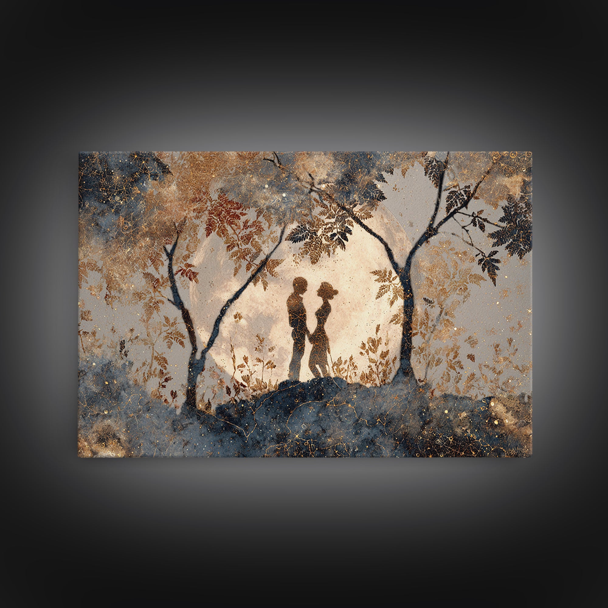Couple Silhouette Beneath Moonlit Trees Framed Canvas Print, Wedding Art, Rustic Wedding, Living Room Decor, Fine Art, Romance, WED-3x2-81