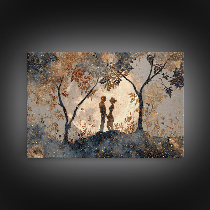 Couple Silhouette Beneath Moonlit Trees Framed Canvas Print, Wedding Art, Rustic Wedding, Living Room Decor, Fine Art, Romance, WED-3x2-81