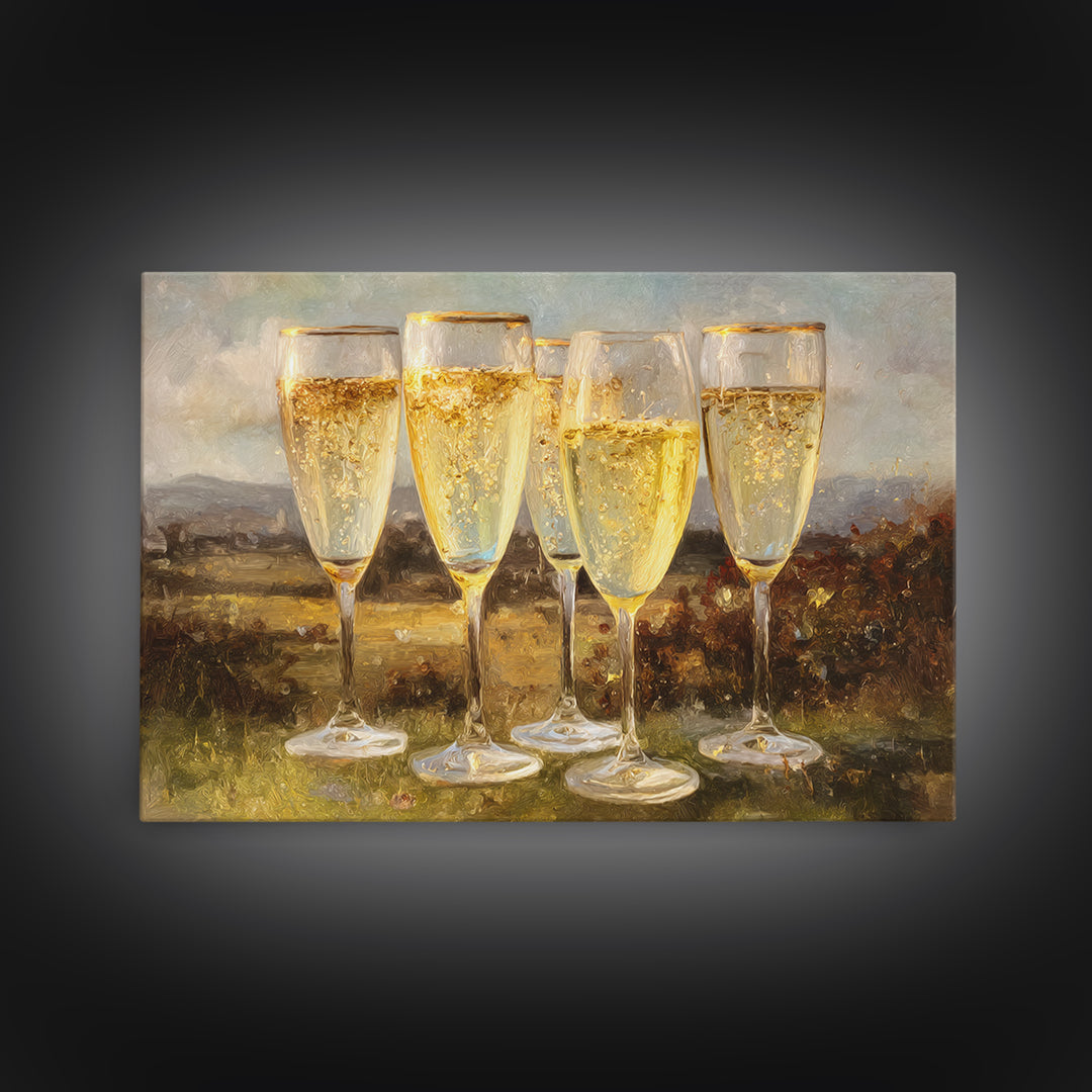 Champagne Glasses with Delicate Sparkle Framed Canvas Print, Wedding Art, Downloadable Art, Living Room Decor, Oil Painting, WED-3x2-82