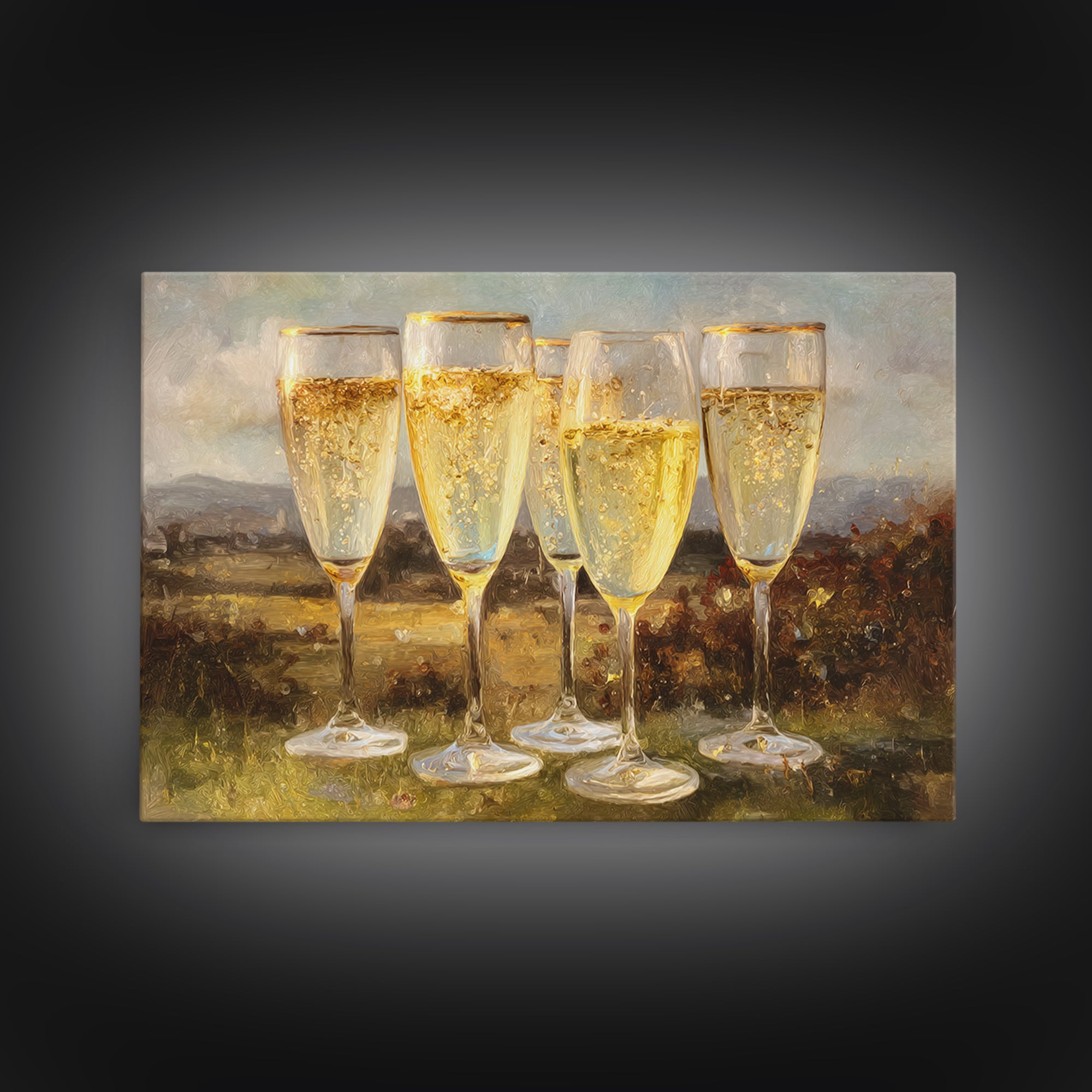 Champagne Glasses with Delicate Sparkle Framed Canvas Print, Wedding Art, Downloadable Art, Living Room Decor, Oil Painting, WED-3x2-82