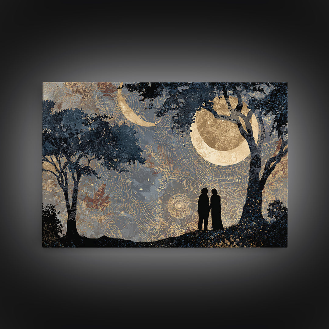 Couple Silhouette Beneath Moonlit Trees Framed Canvas Print, Wedding Art, Wedding Sign, Living Room Decor, Fine Art, Romance, WED-3x2-9