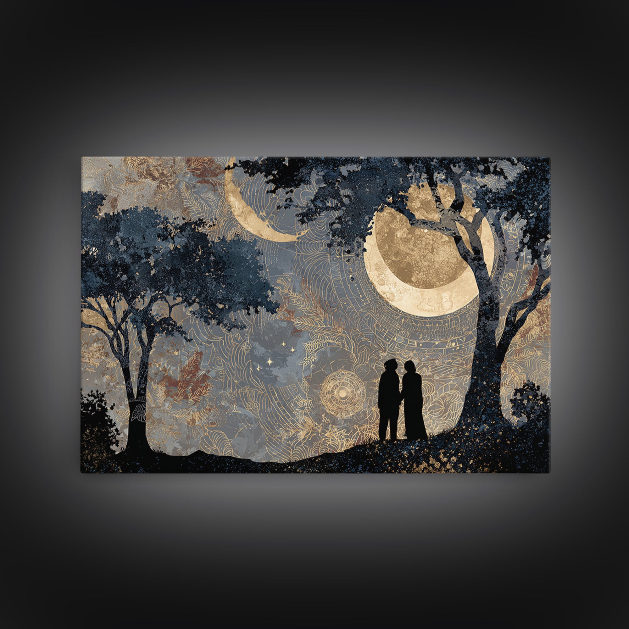 Couple Silhouette Beneath Moonlit Trees Framed Canvas Print, Wedding Art, Wedding Sign, Living Room Decor, Fine Art, Romance, WED-3x2-9