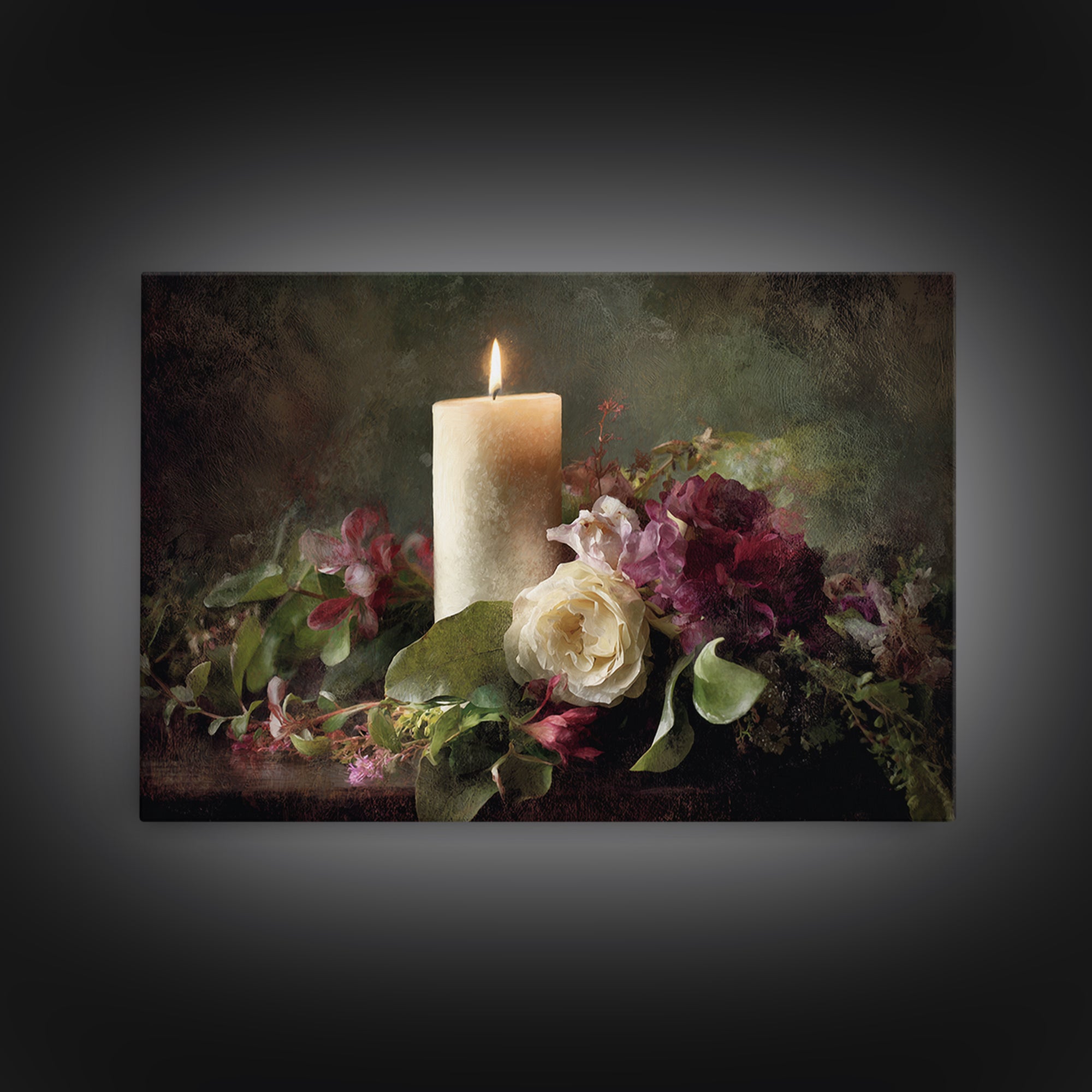 Romantic Candle and Floral Still Life Canvas Print, Wedding Art, Jewish Art, Living Room Decor, Oil Painting, Romance, WED-3x2-98