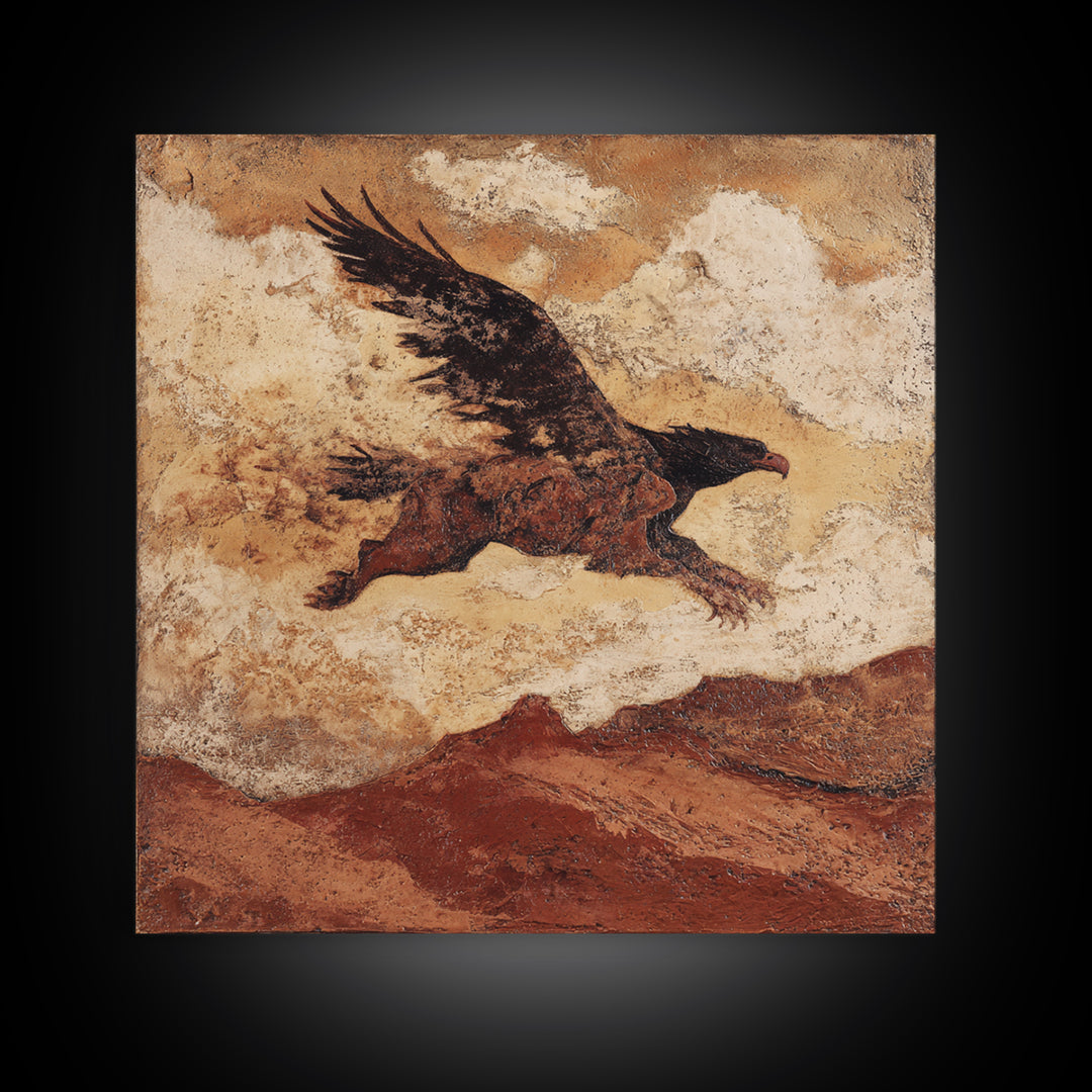 Eagle Flying Above Mountain Ridge Canvas Print, Western Art, Rustic Wall Art, Southwestern Decor, Watercolor Art, Frontier, WES-1x1-13