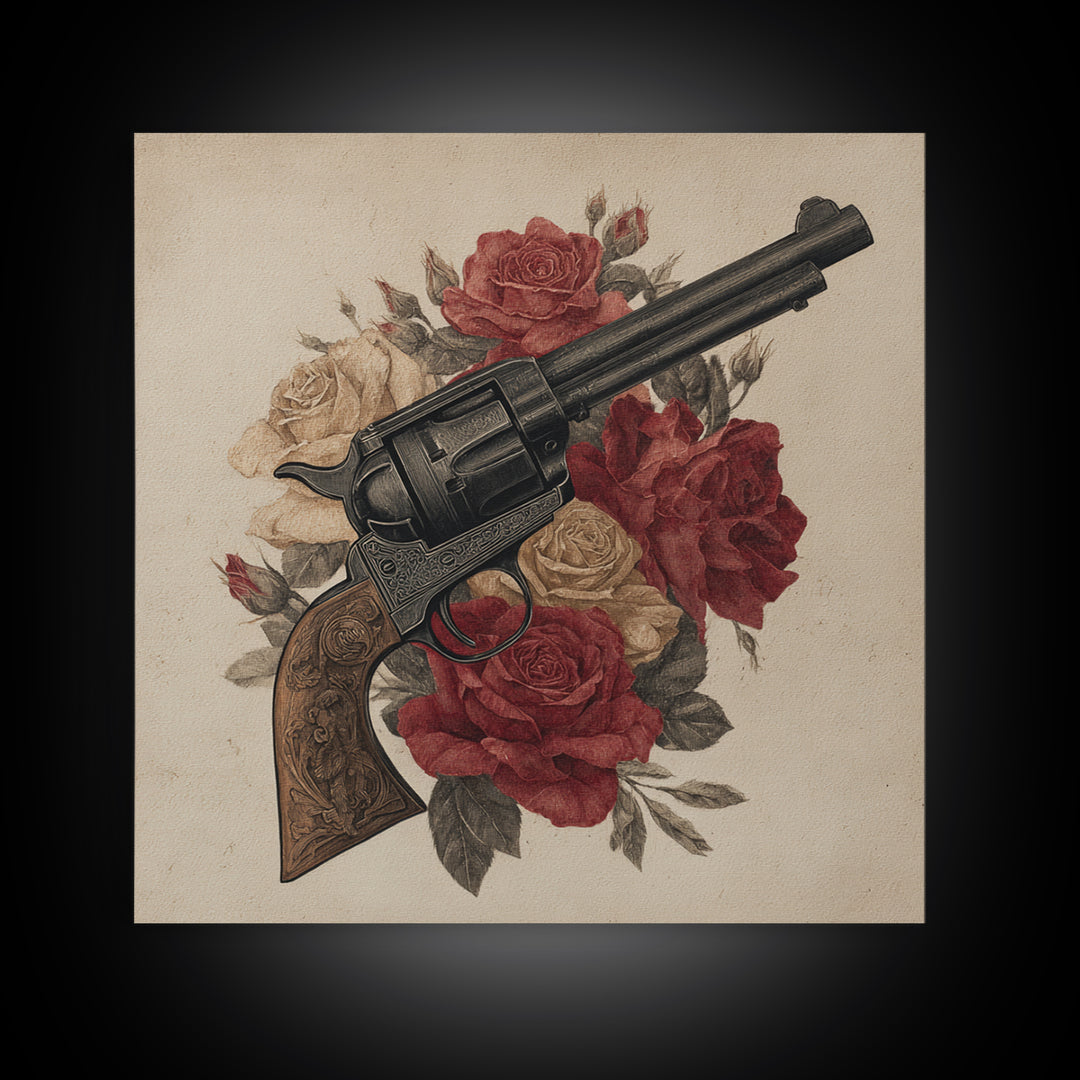 Old Revolver and Roses Canvas Print, Western Art, Landscape Painting, Southwestern Decor, Watercolor Art, Frontier, WES-1x1-19