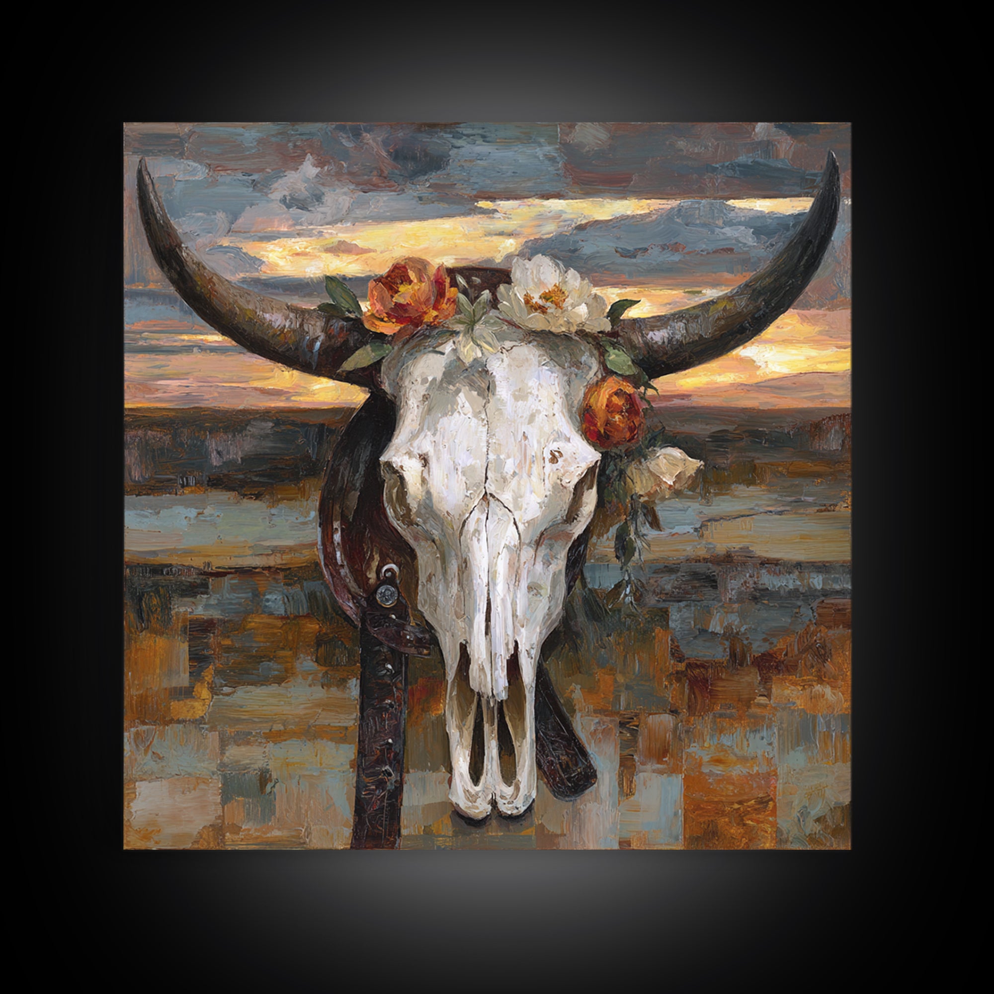 Longhorn Skull with Desert Flowers Framed Canvas Print, Western Art, Cowboy Art, Southwestern Decor, Oil Painting, Frontier, WES-1x1-27