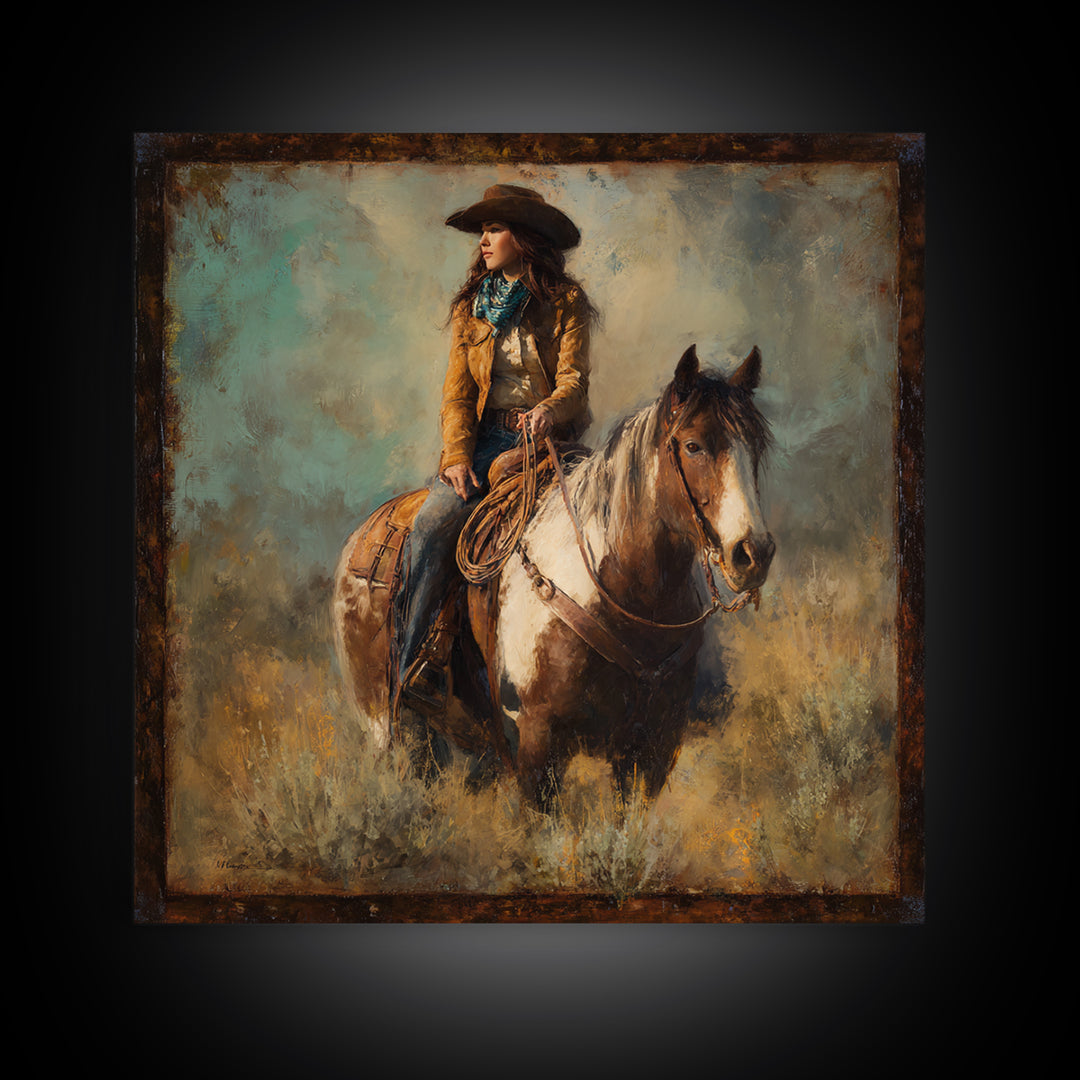Cowgirl Portrait with Turquoise Jewelry Canvas Print, Western Art, Desert Art, Southwestern Decor, Oil Painting, Frontier, WES-1x1-30