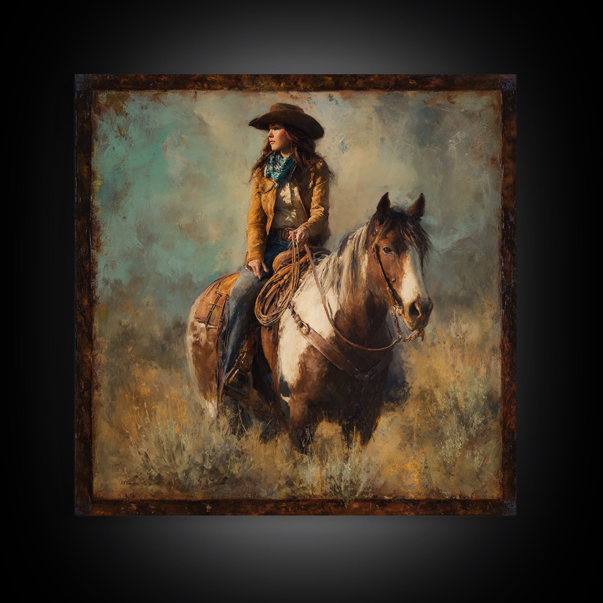 Cowgirl Portrait with Turquoise Jewelry Canvas Print, Western Art, Desert Art, Southwestern Decor, Oil Painting, Frontier, WES-1x1-30