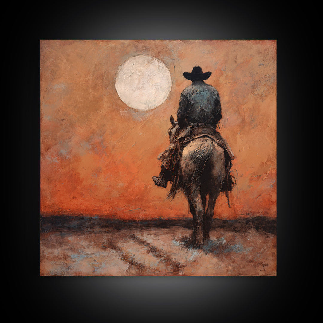 Desert Moon over Lone Rider Canvas Print, Western Art, Digital Download Art, Southwestern Decor, Frontier, Neutral Decor, WES-1x1-35