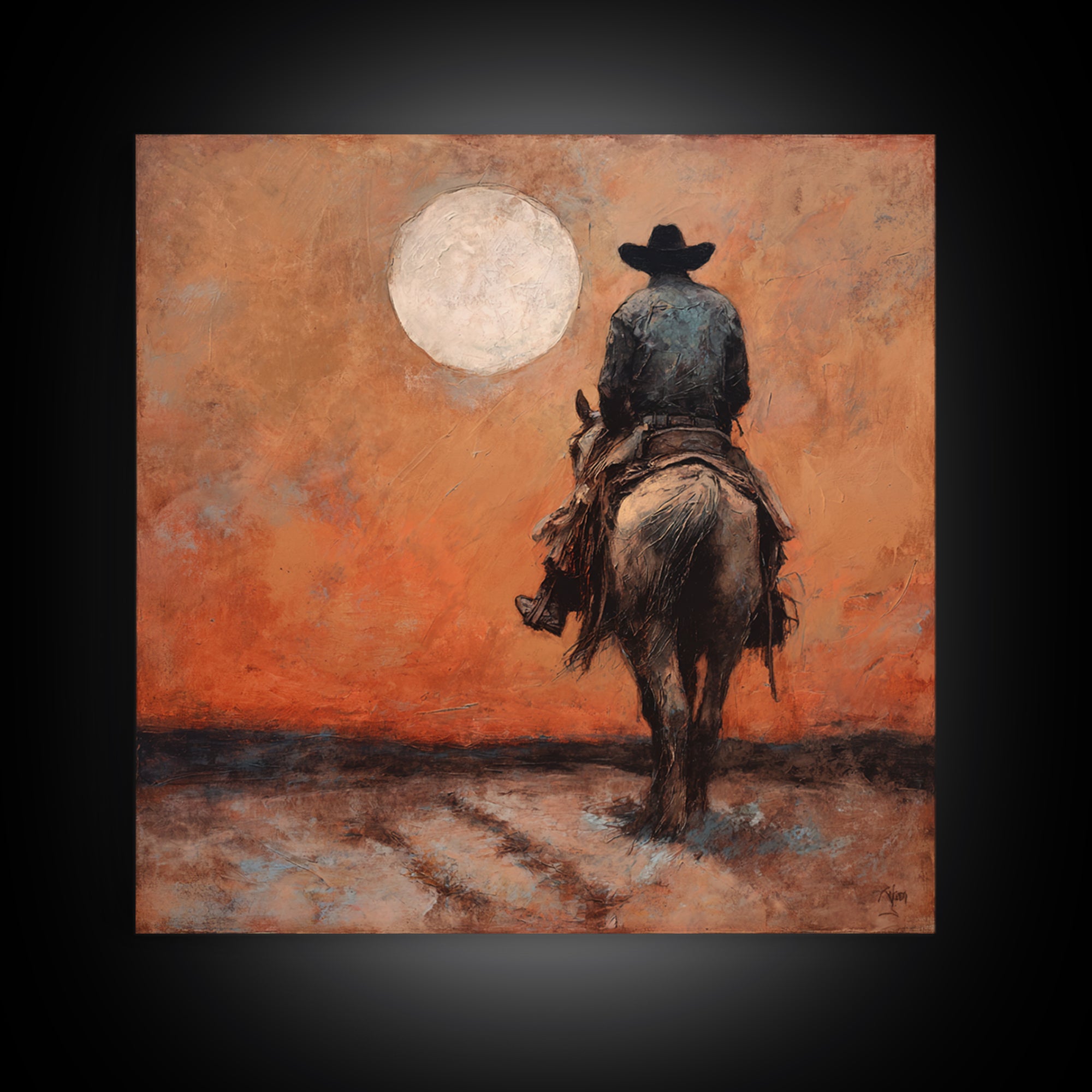 Desert Moon over Lone Rider Canvas Print, Western Art, Digital Download Art, Southwestern Decor, Frontier, Neutral Decor, WES-1x1-35