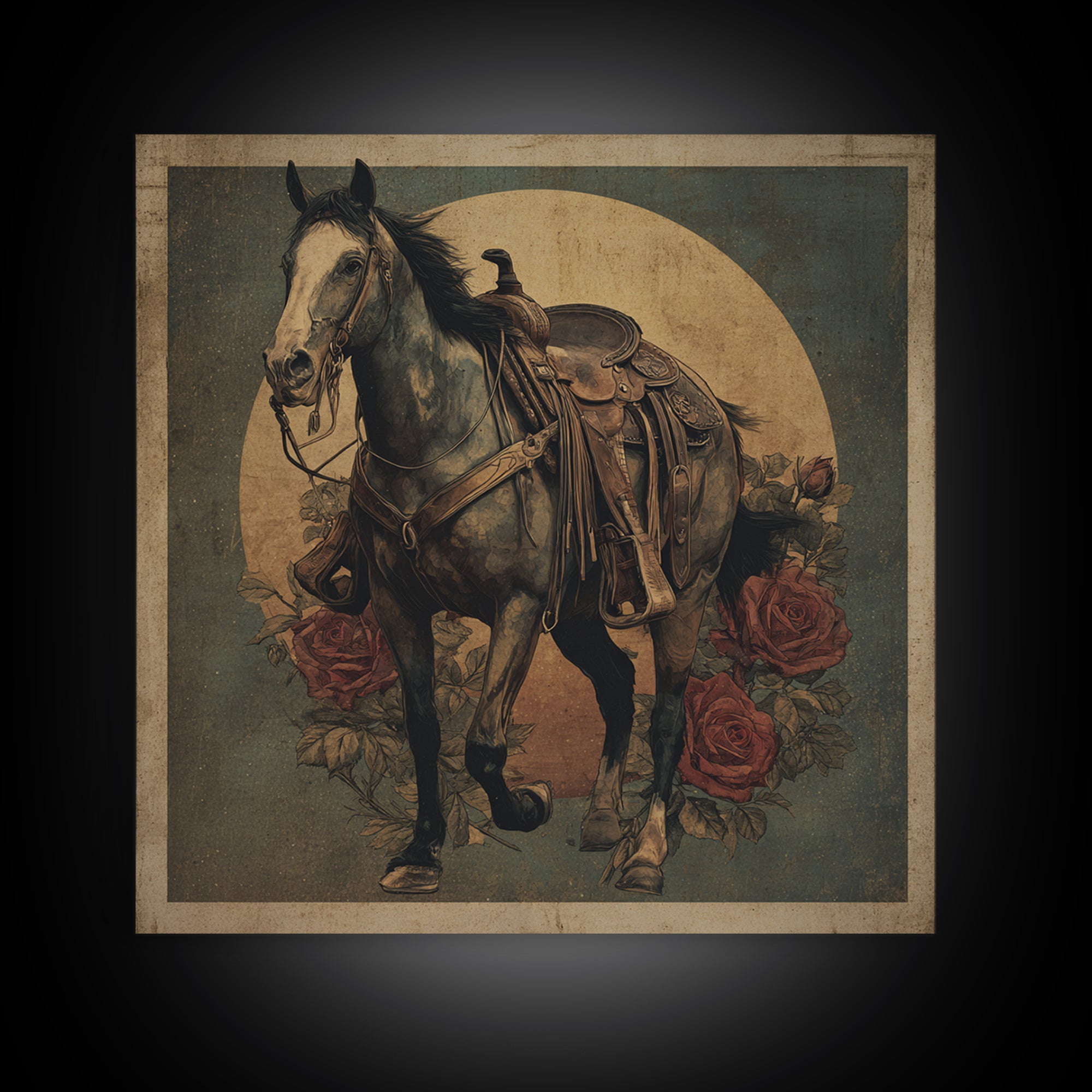 Old Revolver and Roses Framed Canvas Print, Western Art, Native American Art, Southwestern Decor, Oil Painting, Frontier, WES-1x1-43
