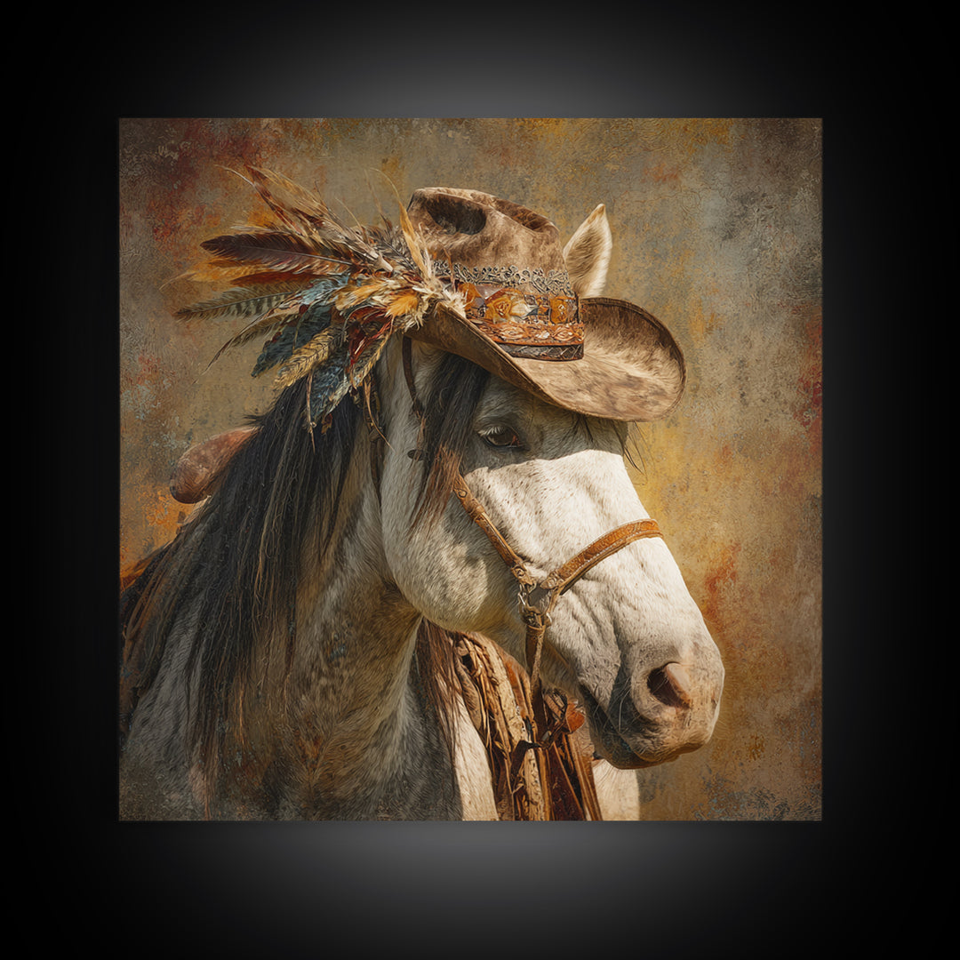 Cowboy Hat with Feathers and Beads Framed Canvas Print, Western Art, Western Print, Southwestern Decor, Fine Art, Frontier, WES-1x1-46