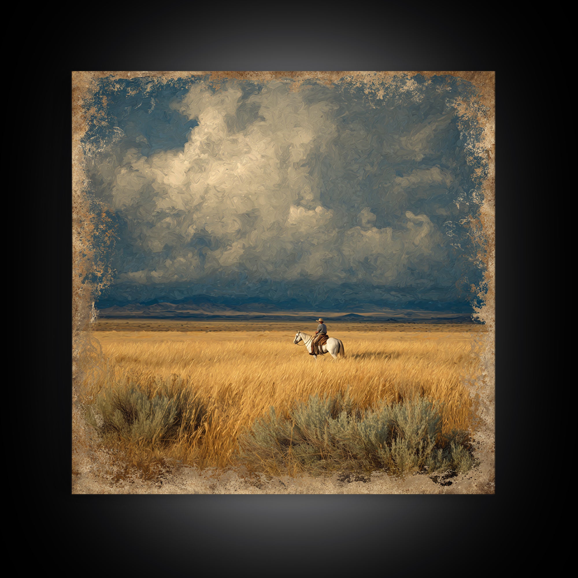 Golden Wheat Field Framed Canvas Print, Western Art, Wall Decor, Southwestern Decor, Fine Art, Frontier, Landscape Painting, WES-1x1-48
