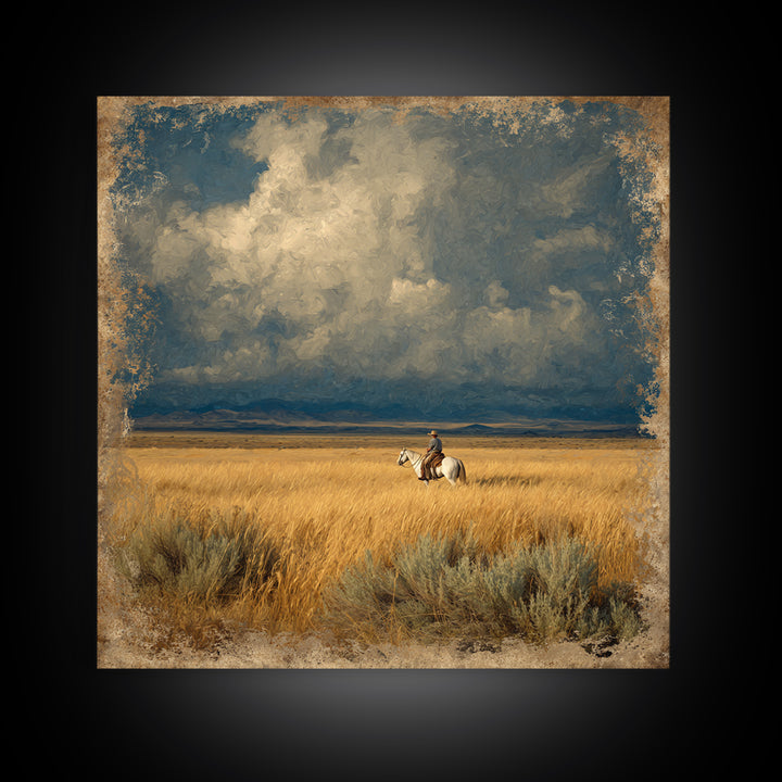 Golden Wheat Field Framed Canvas Print, Western Art, Wall Decor, Southwestern Decor, Fine Art, Frontier, Landscape Painting, WES-1x1-48