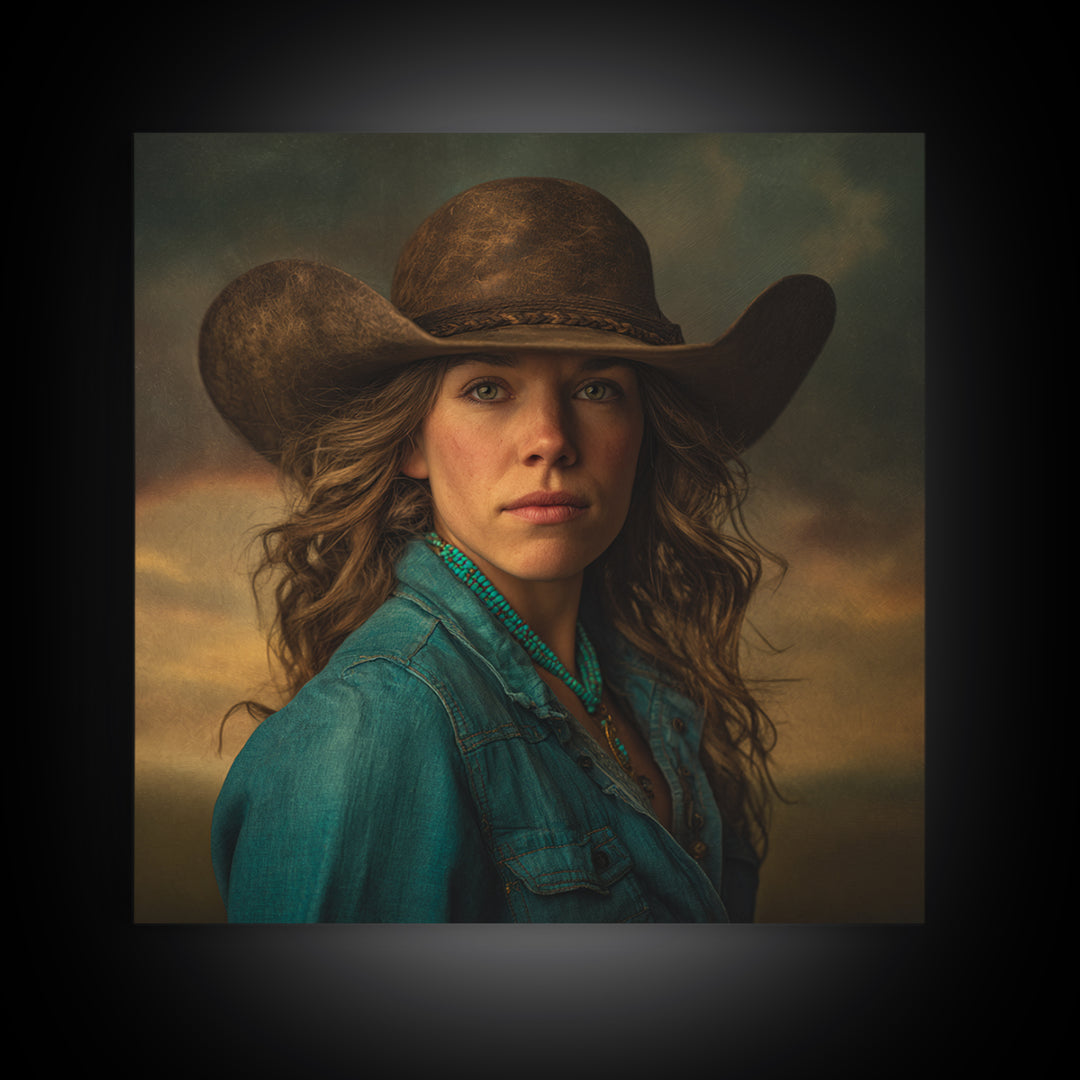 Cowgirl Portrait with Turquoise Jewelry Framed Canvas Print, Western Art, Southwestern Decor, Fine Art, Frontier, Boho Decor, WES-1x1-6