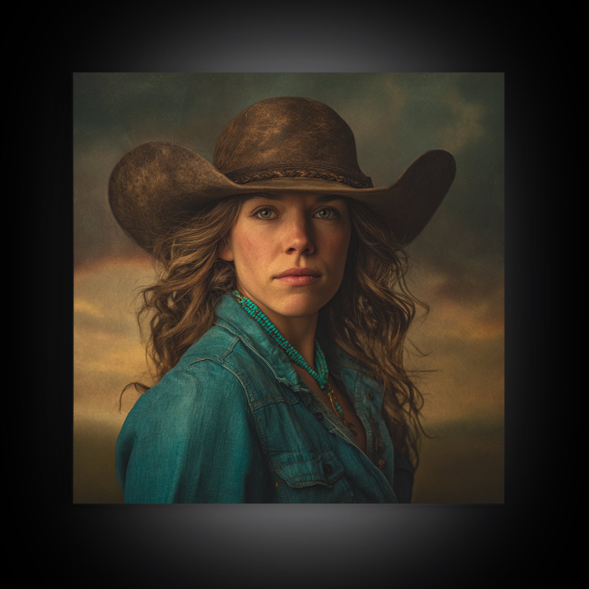 Cowgirl Portrait with Turquoise Jewelry Framed Canvas Print, Western Art, Southwestern Decor, Fine Art, Frontier, Boho Decor, WES-1x1-6