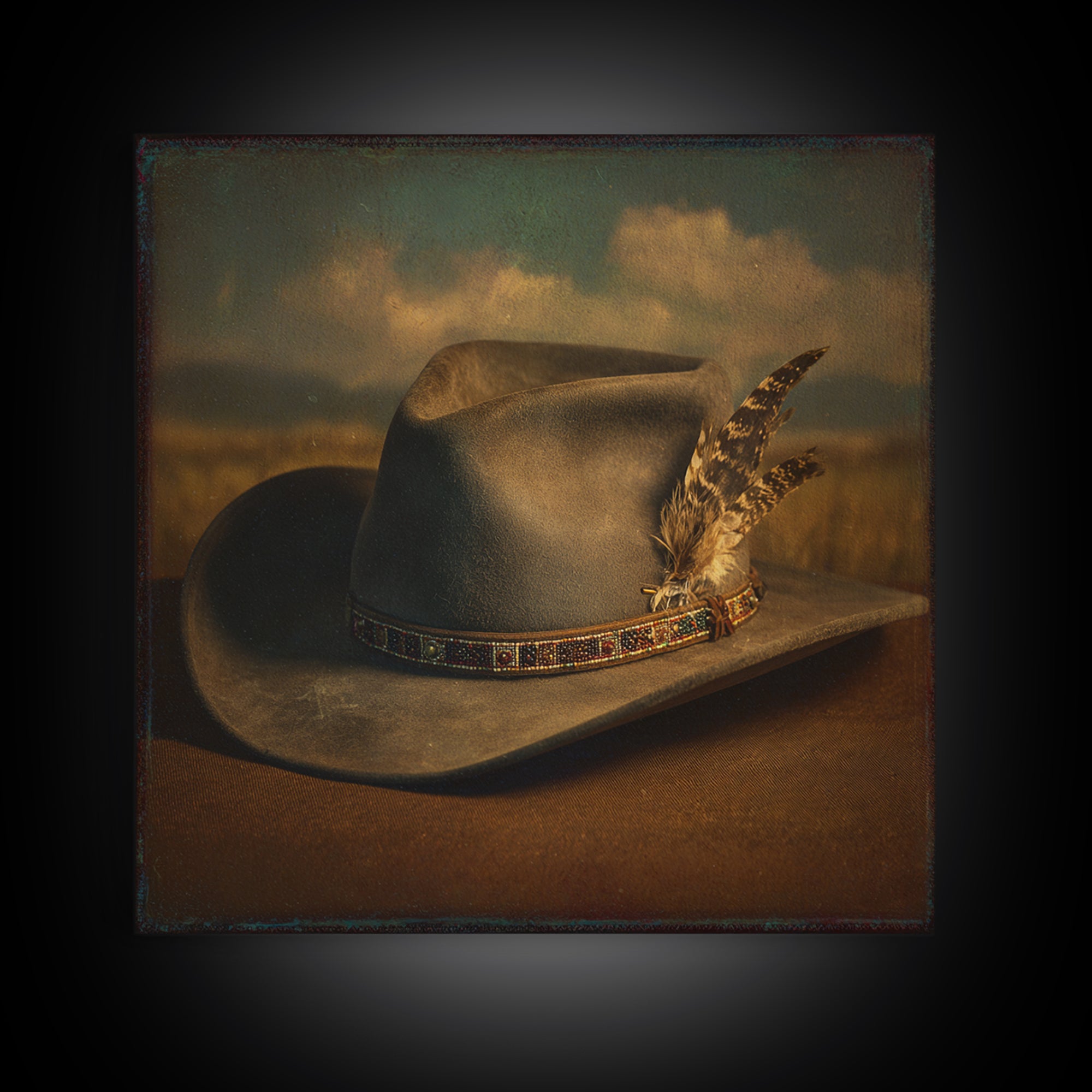 Cowboy Hat with Feathers and Beads Framed Canvas Print, Western Art, Western Print, Southwestern Decor, Fine Art, Frontier, WES-1x1-70