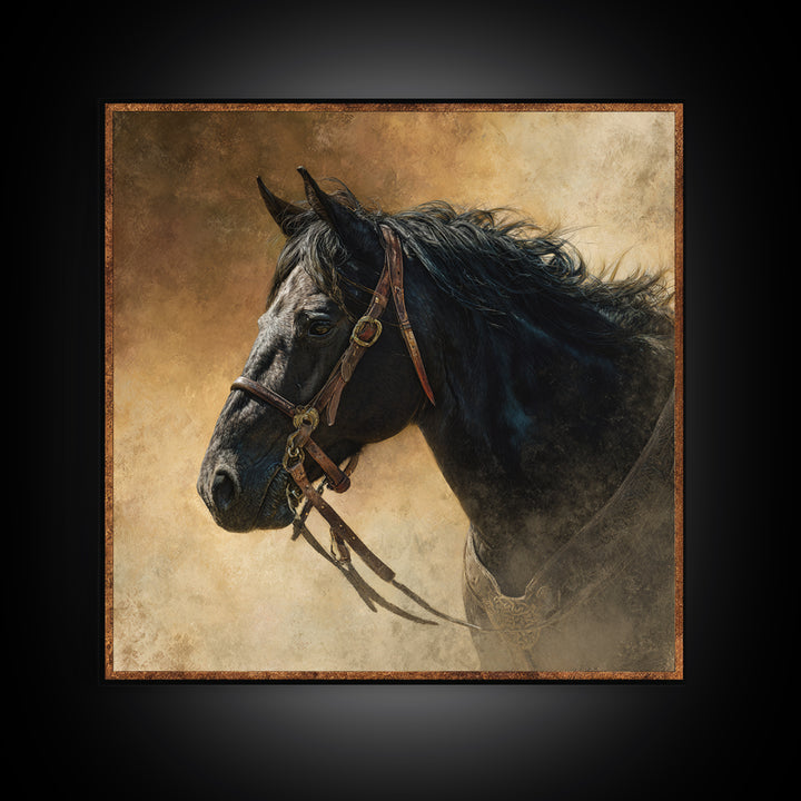 Black Horse Portrait Canvas Print, Western Art, Neutral Decor, Southwestern Decor, Fine Art, Frontier, Home Decor, Wall Decor, WES-1x1-90