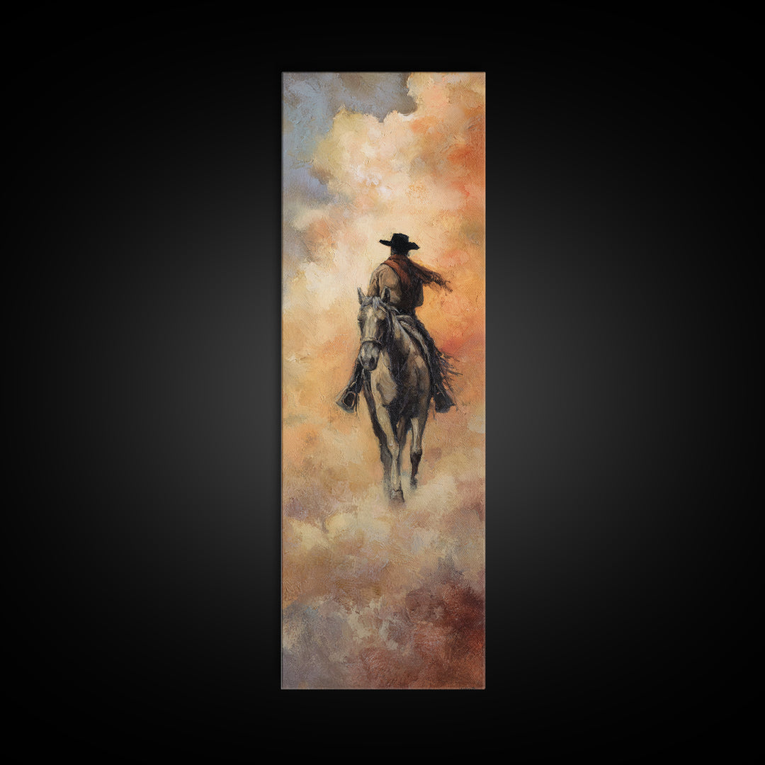 Desert Moon over Lone Rider Canvas Print, Western Art, Minimalist Wall Art, Southwestern Decor, Fine Art, Frontier, Horse Art, WES-1x3-23