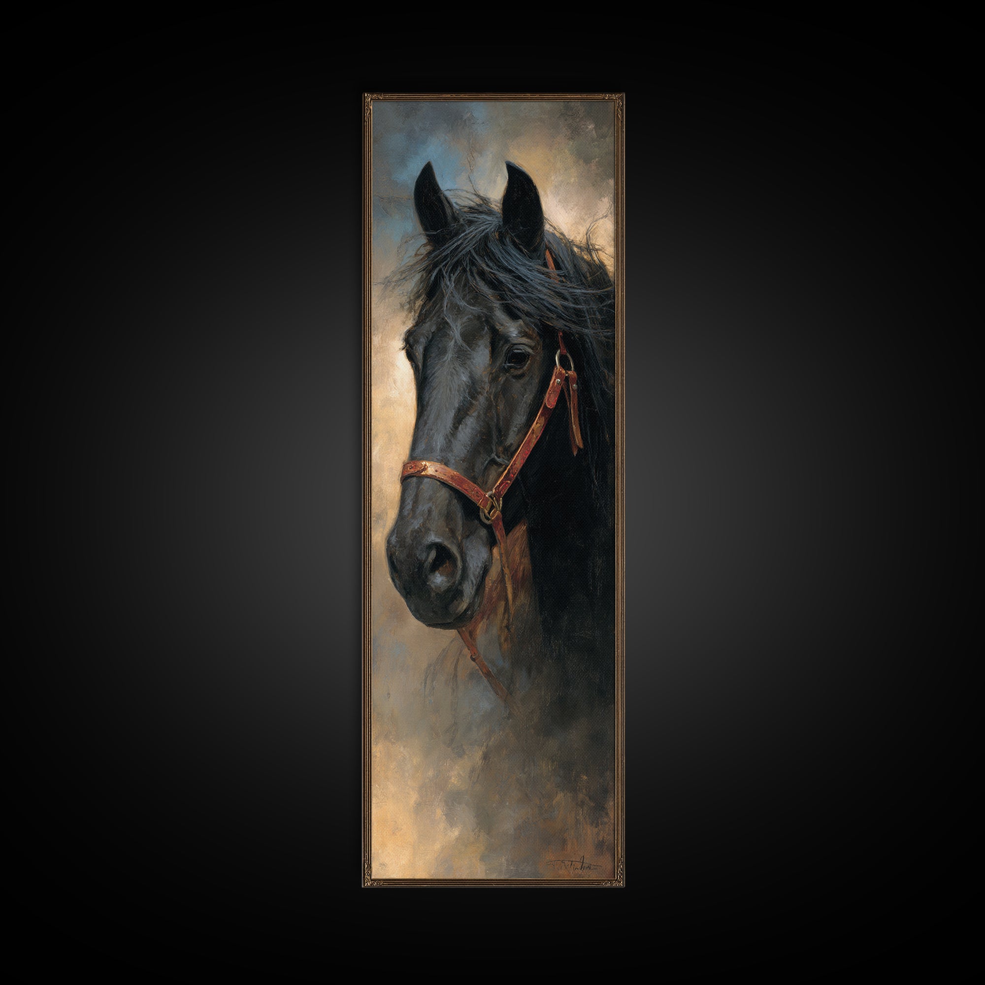 Black Horse Portrait Framed Canvas Print, Western Art, Desert Art, Southwestern Decor, Oil Painting, Frontier, Minimalist Decor, WES-1x3-54