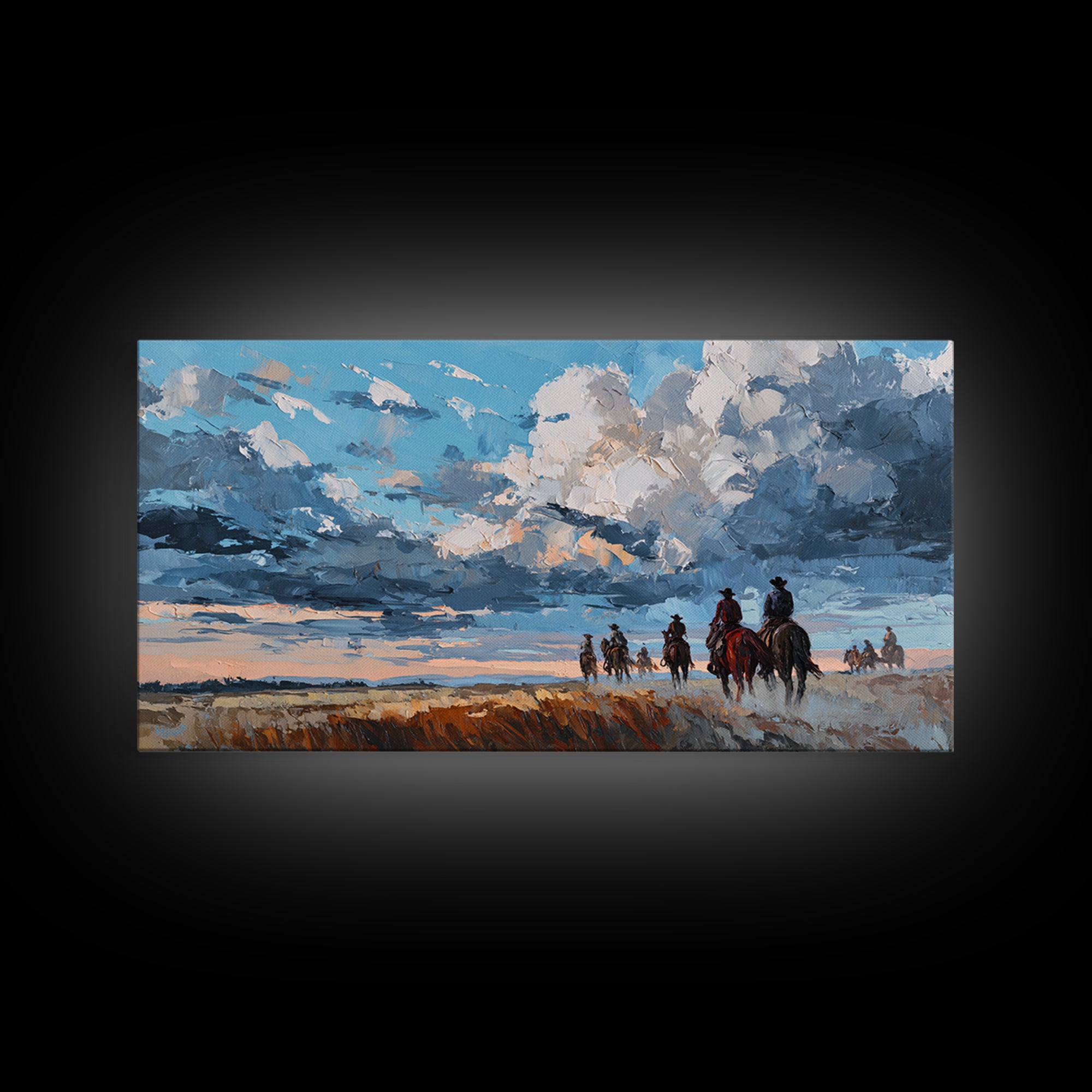 Cowboy Campfire under Starry Sky Framed Canvas Print, Western Art, Contemporary Art, Southwestern Decor, Fine Art, Frontier, WES-2x1-10