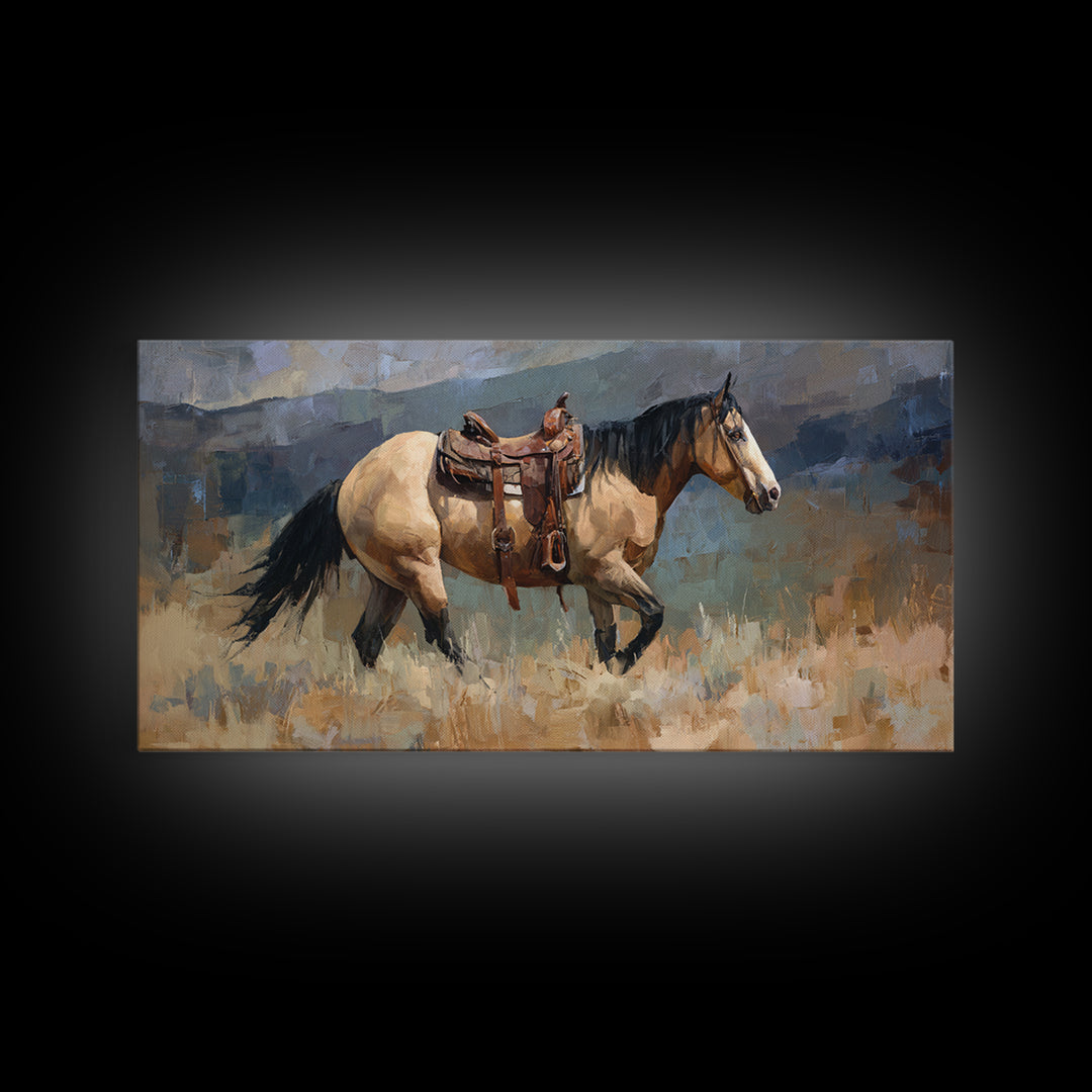 Buckskin Horse in Golden Prairie Light Framed Canvas Print, Western Art, Boho Decor, Southwestern Decor, Oil Painting, Frontier, WES-2x1-27