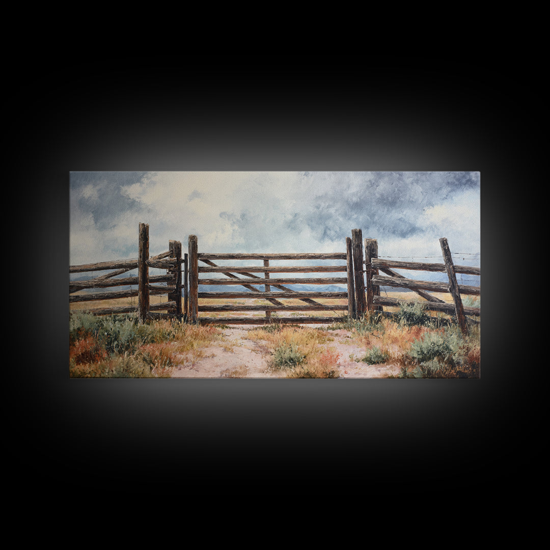 Sun Bleached Ranch Gate Framed Canvas Print, Western Art, Wall Art, Southwestern Decor, Watercolor Art, Frontier, WES-2x1-35
