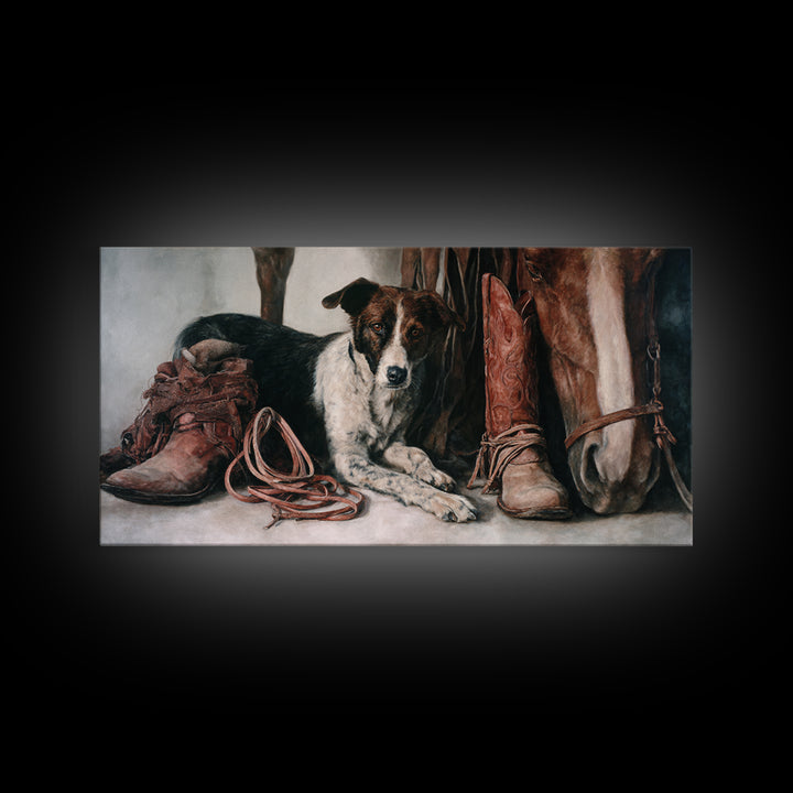 Ranch Dog Beside Worn Boots Canvas Print, Western Art, Printable Wall Art, Southwestern Decor, Frontier, Downloadable Art, WES-2x1-41