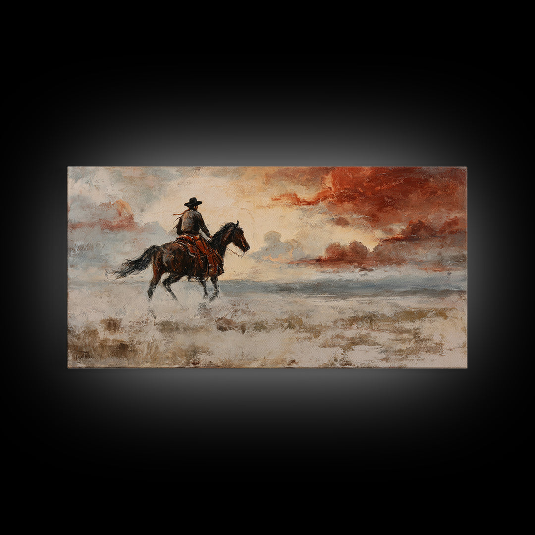 Cowboy Riding Across Dusty Sunset Plains Framed Canvas Print, Western Art, Western Decor, Southwestern Decor, Frontier, WES-2x1-45