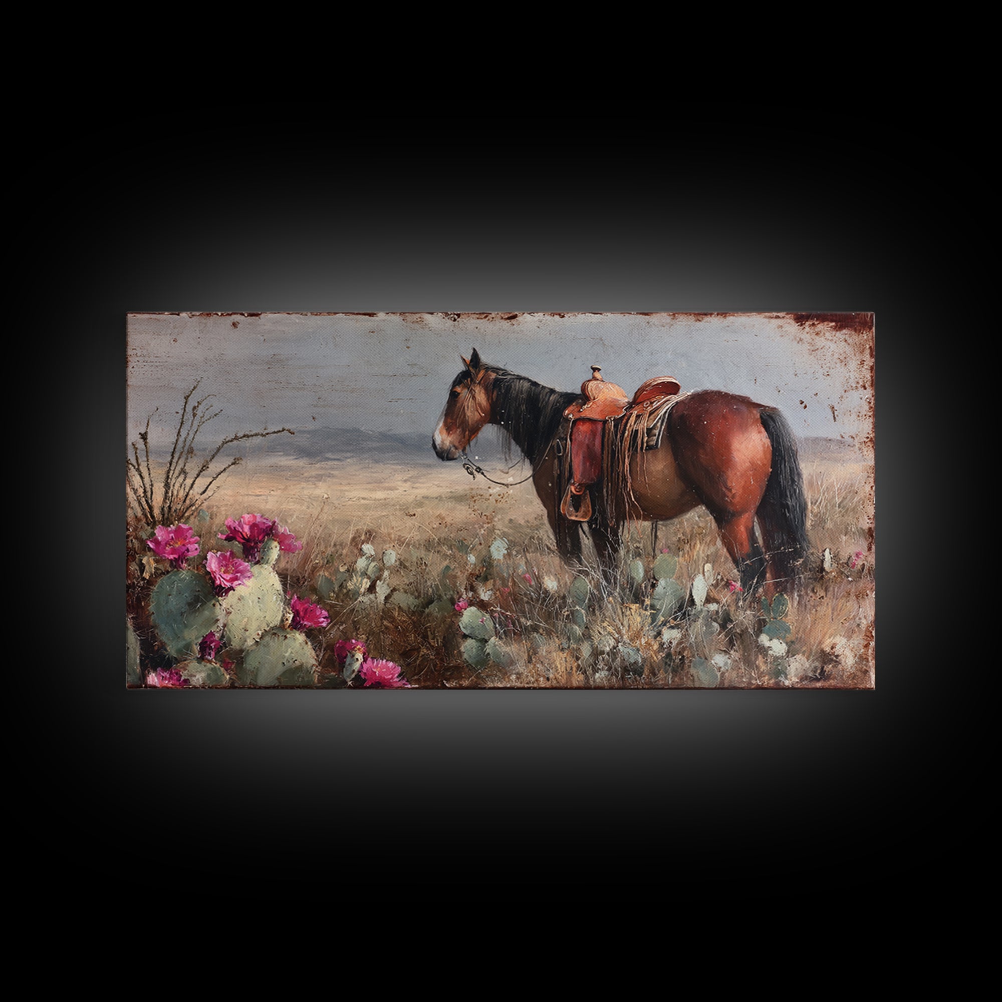 Prickly Pear Cactus Framed Canvas Print, Western Art, Oil Painting, Southwestern Decor, Frontier, Digital Download Art, WES-2x1-60