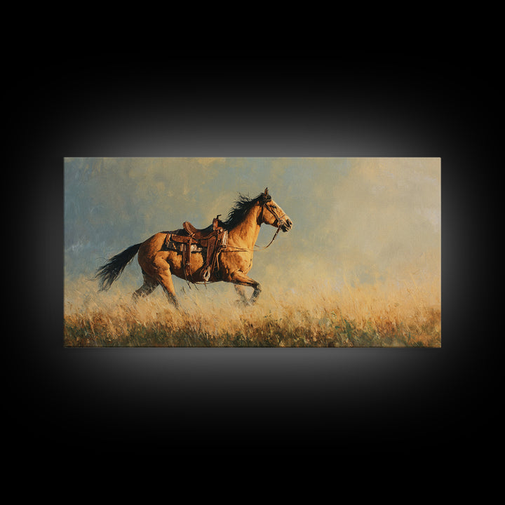 Buckskin Horse in Golden Prairie Light Framed Canvas Print, Western Art, Room Decor, Southwestern Decor, Fine Art, Frontier, WES-2x1-75