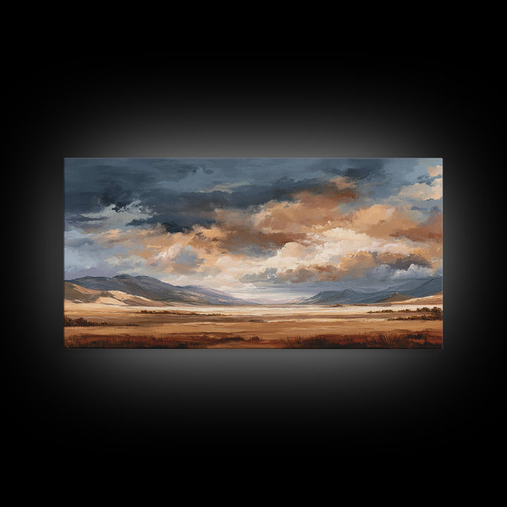 Wagon Wheel and Desert Sunset Framed Canvas Print, Western Art, Minimalist Wall Art, Southwestern Decor, Fine Art, Frontier, WES-2x1-88