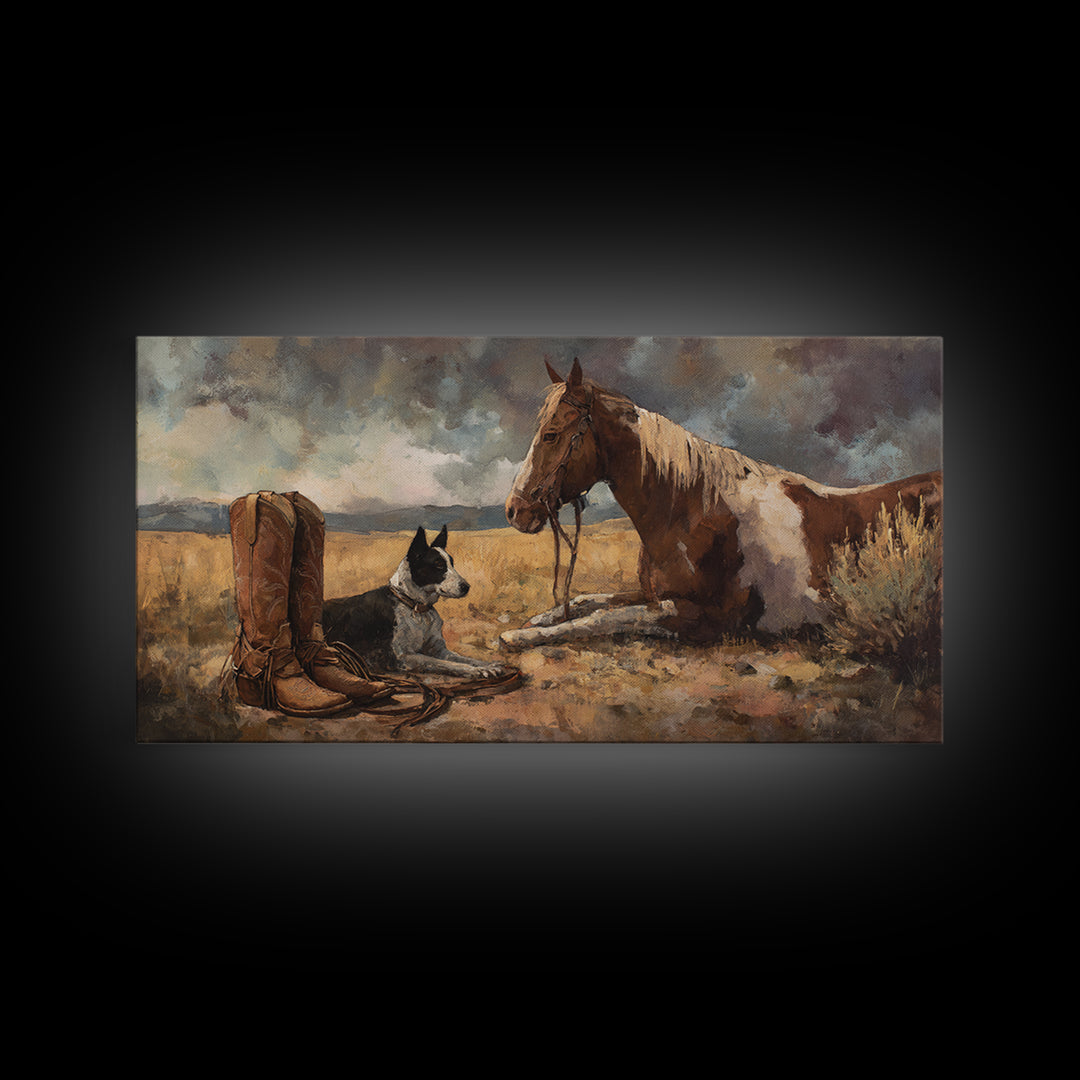 Ranch Dog Beside Worn Boots Canvas Print, Western Art, Cowboy Art, Southwestern Decor, Fine Art, Frontier, Rustic Wall Art, WES-2x1-89