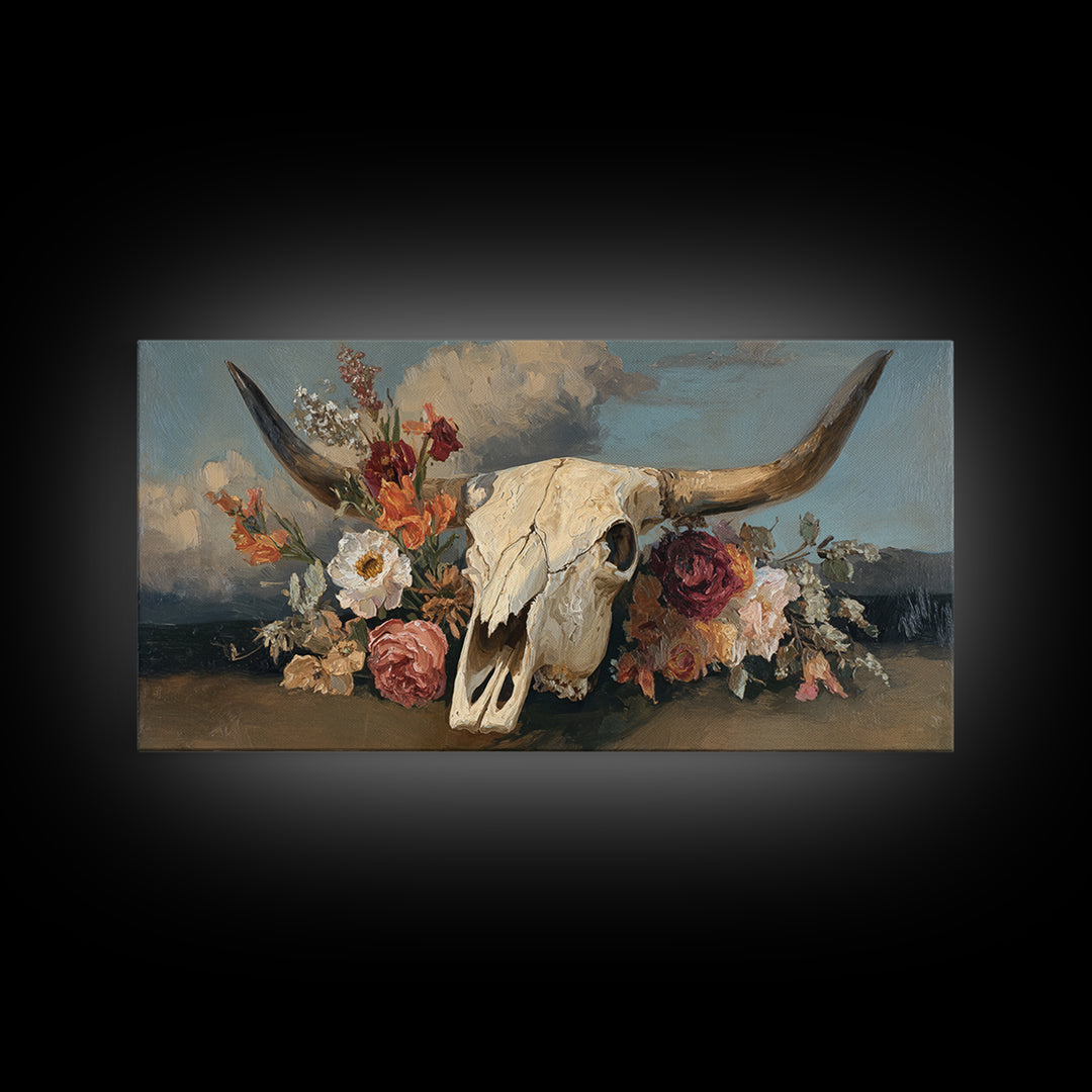 Longhorn Skull with Desert Flowers Framed Canvas Print, Western Art, Neutral Decor, Southwestern Decor, Oil Painting, Frontier, WES-2x1-95