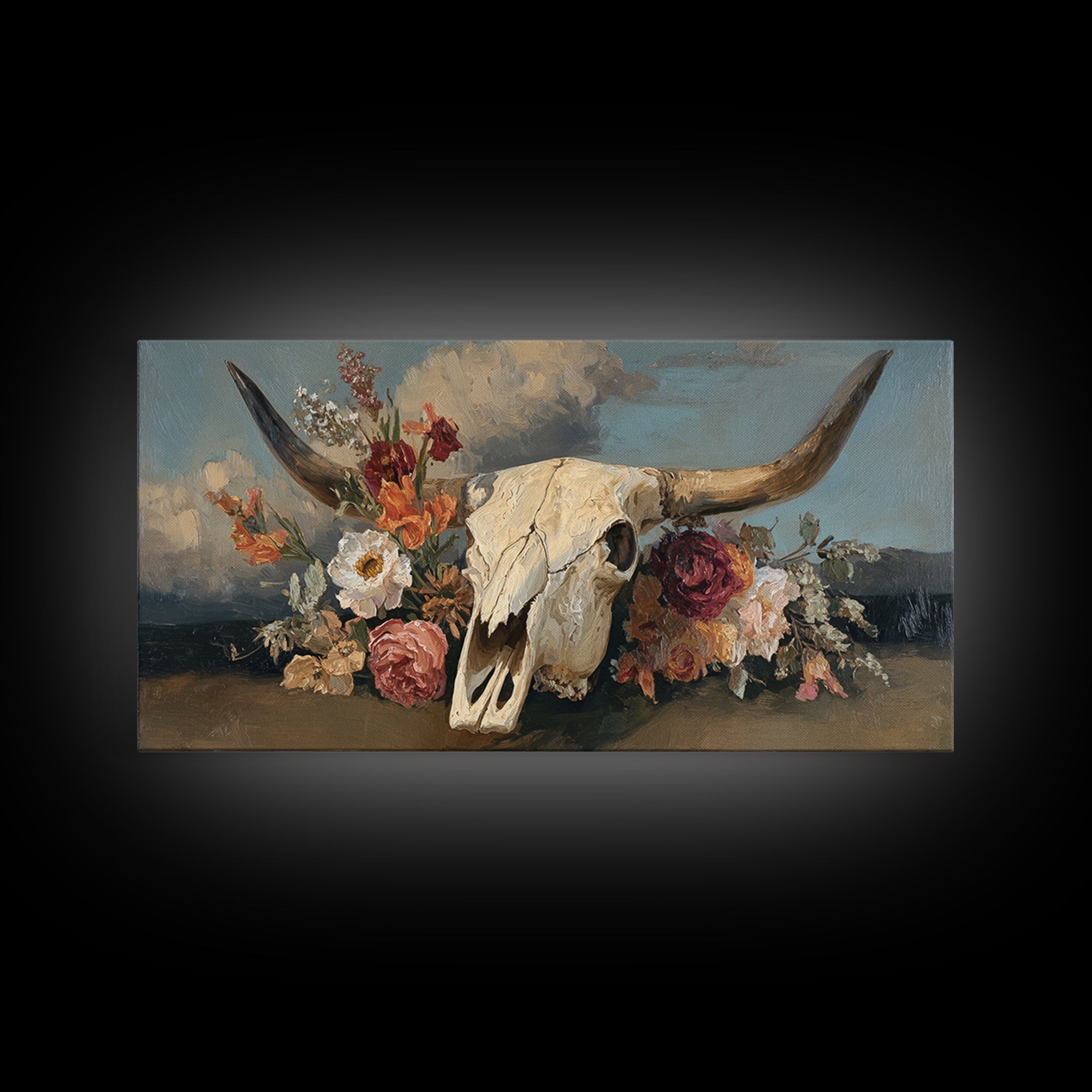 Longhorn Skull with Desert Flowers Framed Canvas Print, Western Art, Neutral Decor, Southwestern Decor, Oil Painting, Frontier, WES-2x1-95
