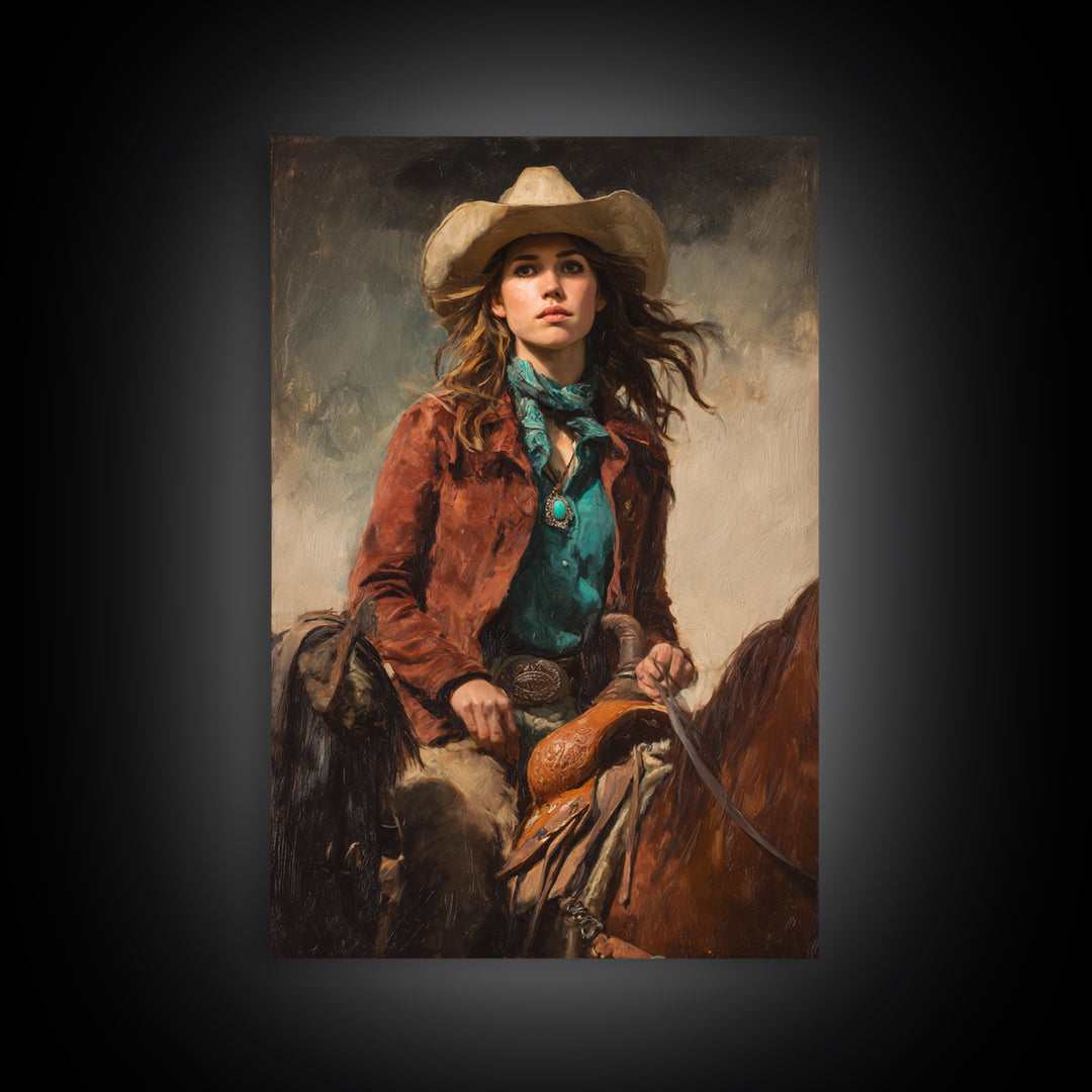 Cowgirl Portrait with Turquoise Jewelry Canvas Print, Western Art, Wall Art, Southwestern Decor, Oil Painting, Frontier, WES-2x3-14