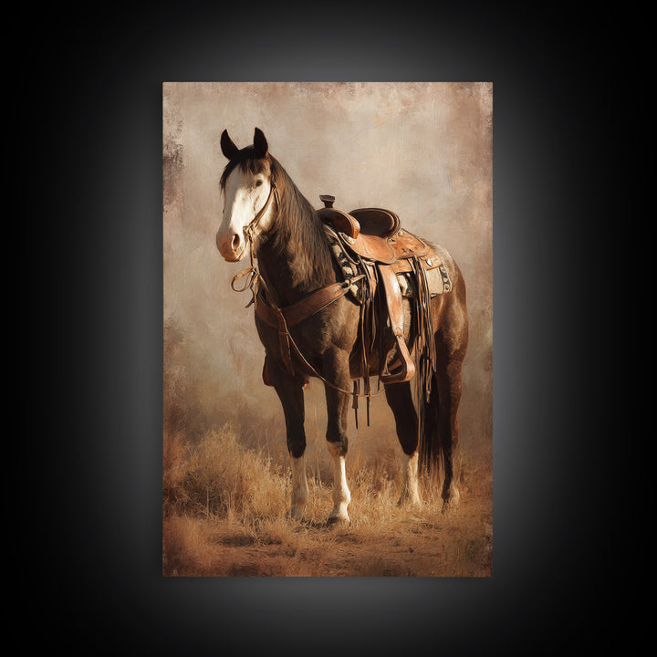 Western Saddle and Rope on Weathered Wood Framed Canvas Print, Western Art, Southwestern Decor, Watercolor Art, Frontier, WES-2x3-18
